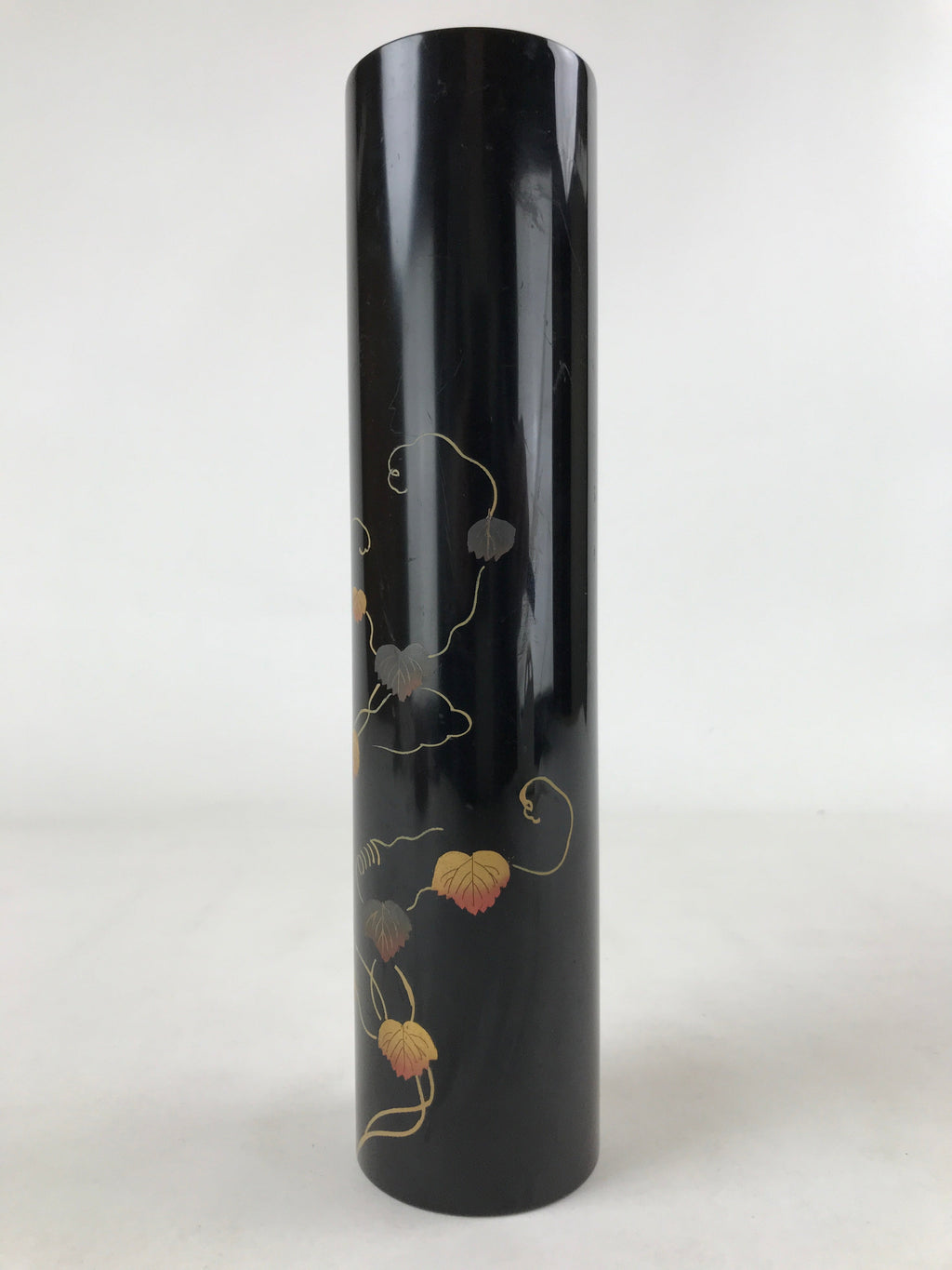 Japanese Tube Vase Kabin Vtg Glossy Black Vines Ikebana Flower Arrangement FK90