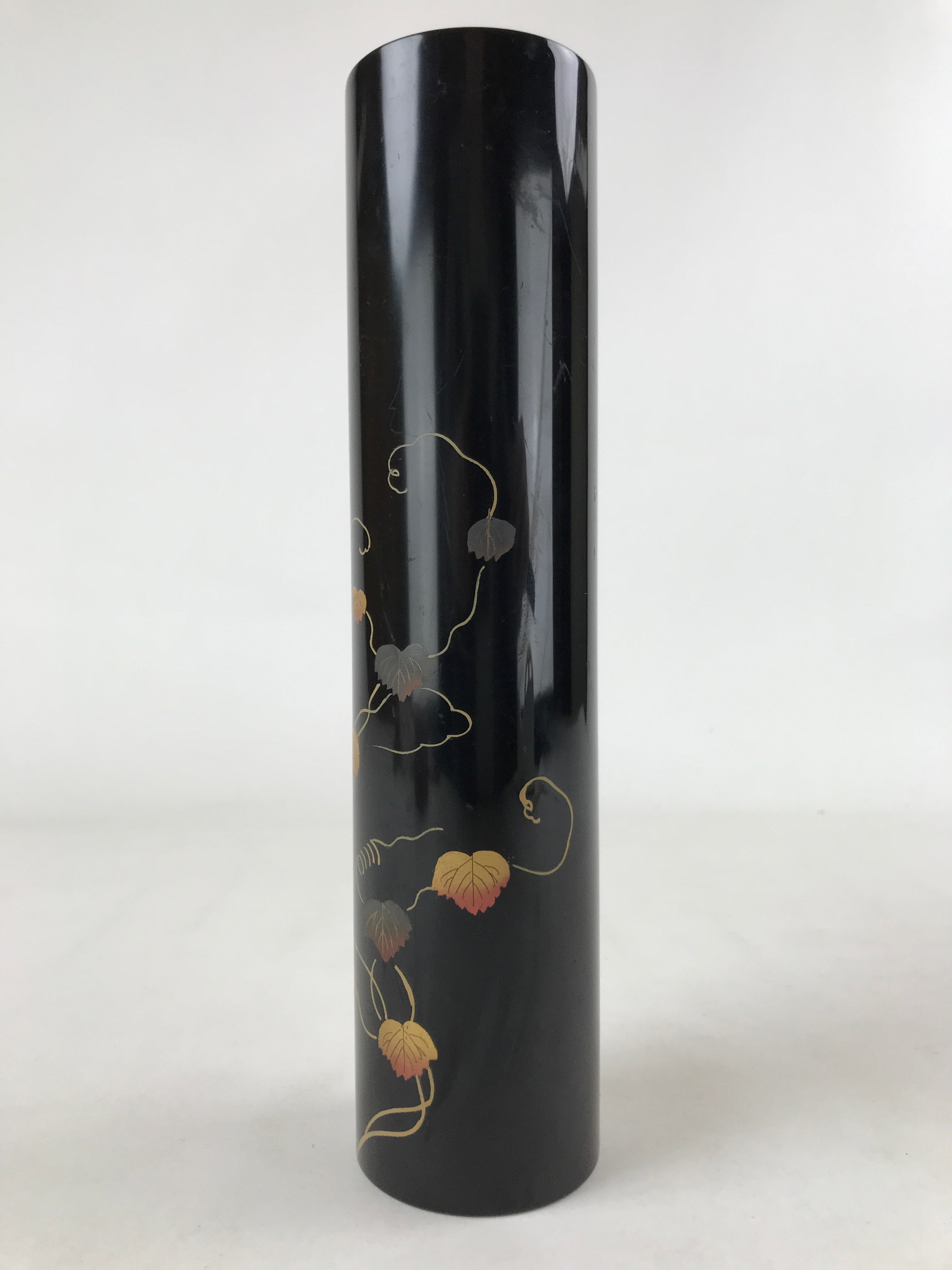 Japanese Tube Vase Kabin Vtg Glossy Black Vines Ikebana Flower Arrangement FK90