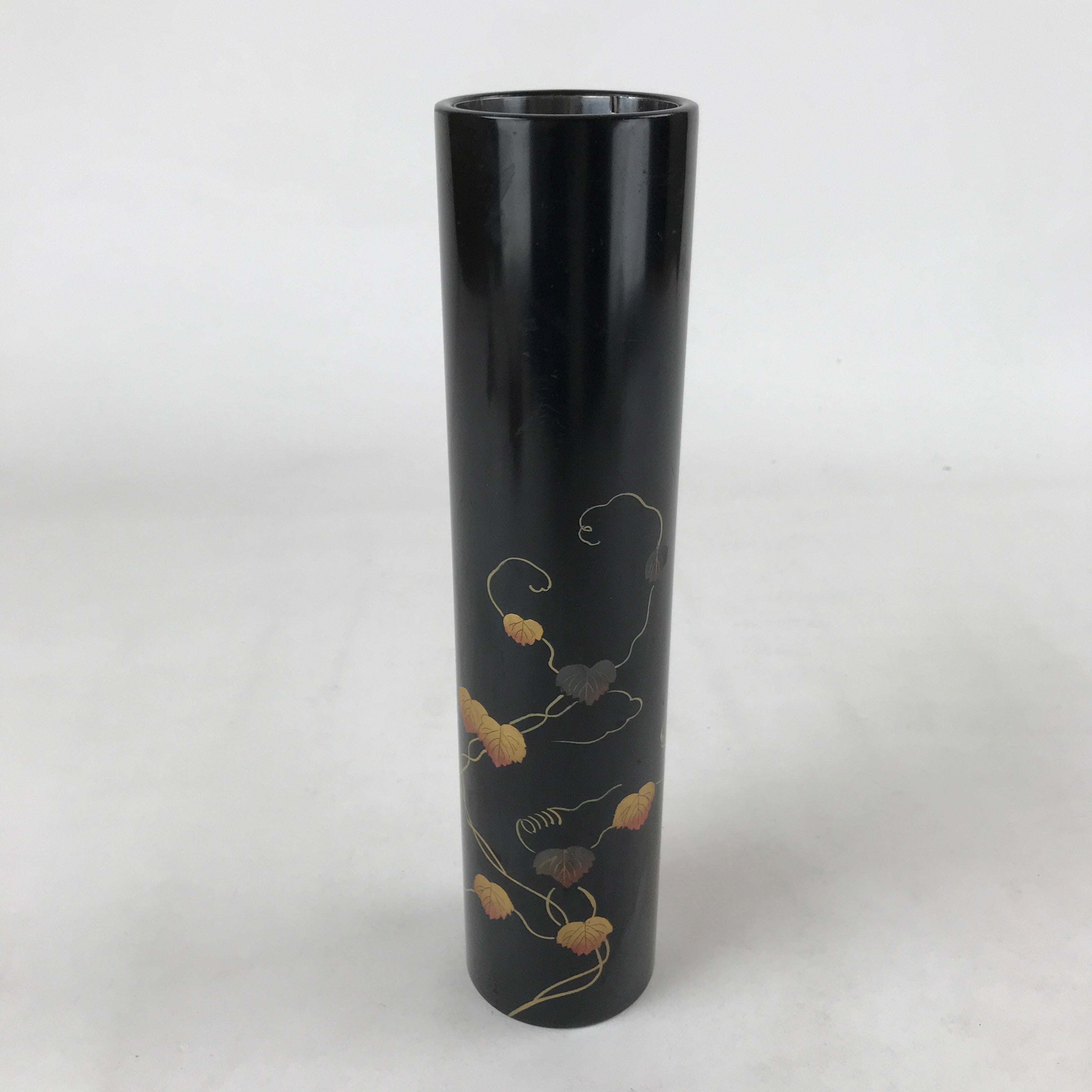 Japanese Tube Vase Kabin Vtg Glossy Black Vines Ikebana Flower Arrangement FK90