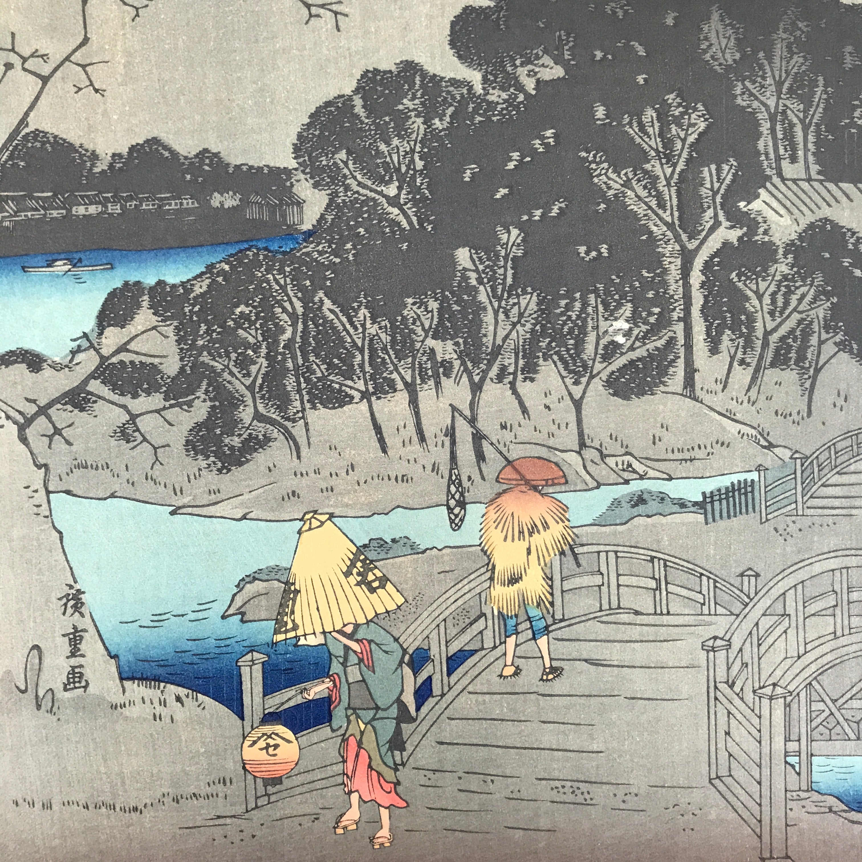 Japanese Ukiyoe Hiroshige Night Rain Makurabashi Landscape Woodblock Print FL460
