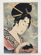 Japanese Ukiyoe Oiran Portrait Eishi Bijinga Geisha Woodblock Print Color FL457