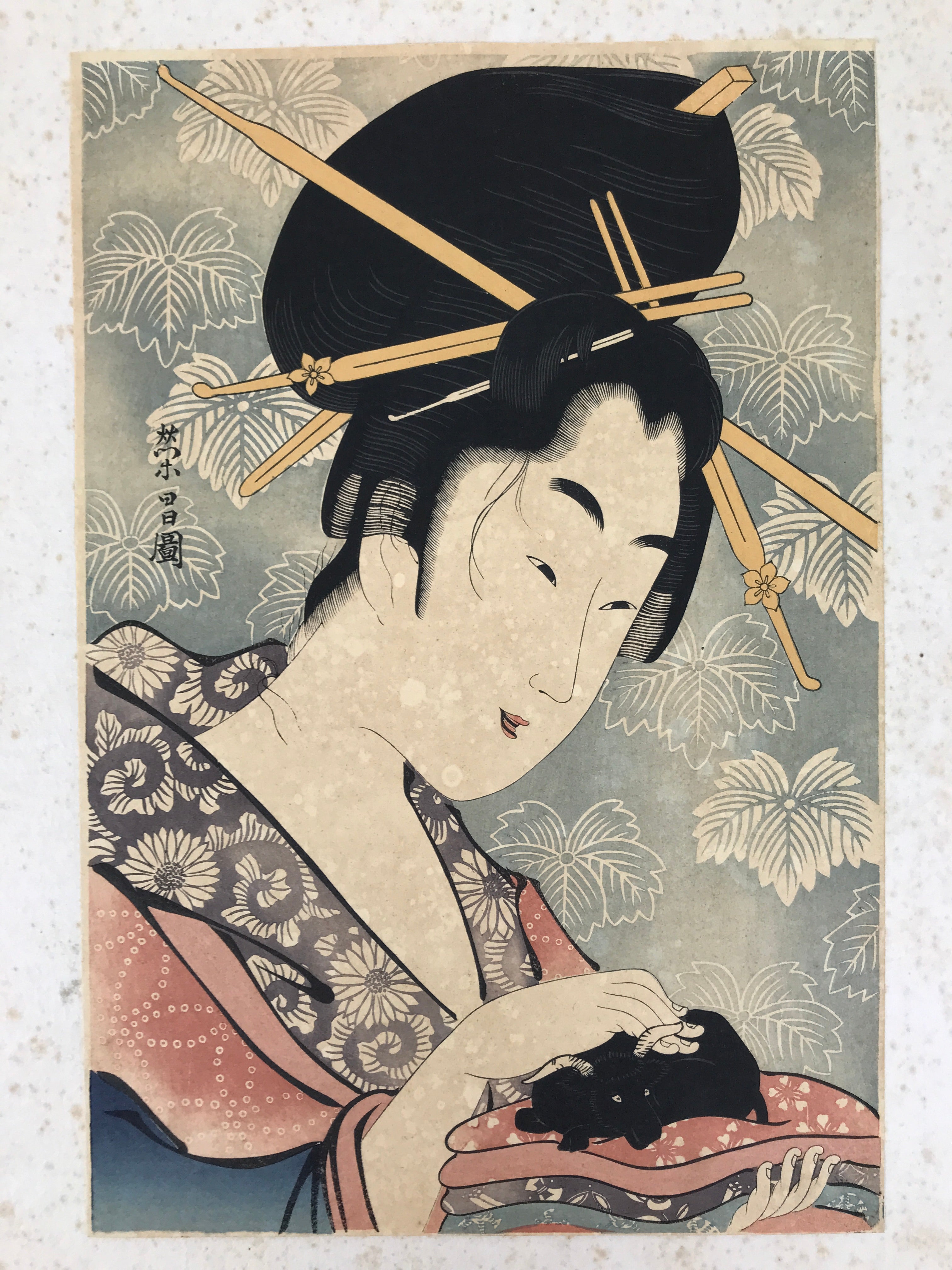 Japanese Ukiyoe Oiran Portrait Eishi Bijinga Geisha Woodblock Print Color FL457