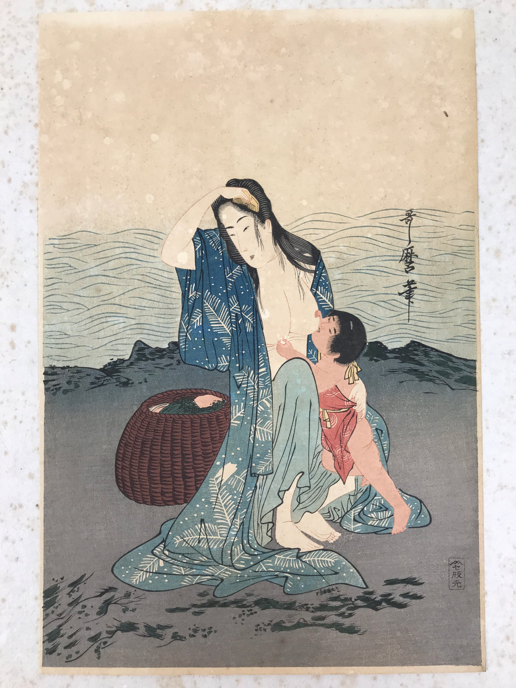 Japanese Ukiyoe Woman Nursing Abalone Utamaro Bijinga Woodblock Print FL467