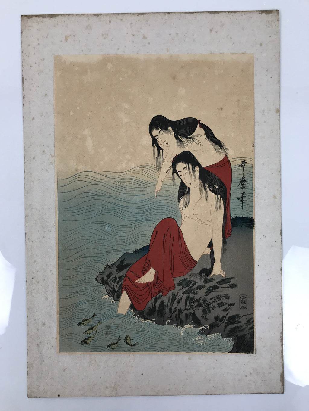Japanese Ukiyoe Women Abalone Shelling Utamaro Bijinga Woodblock Print FL455