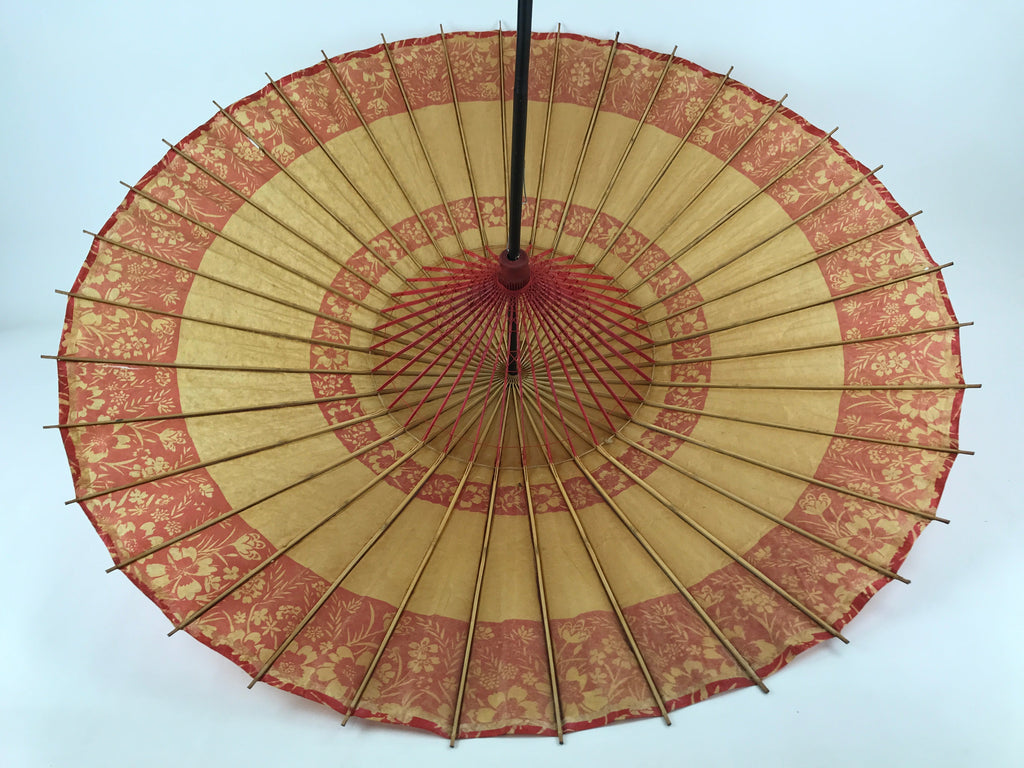 Japanese Umbrella Parasol Vtg Wagasa Bangasa Geisha Paper Red Flowers JK520