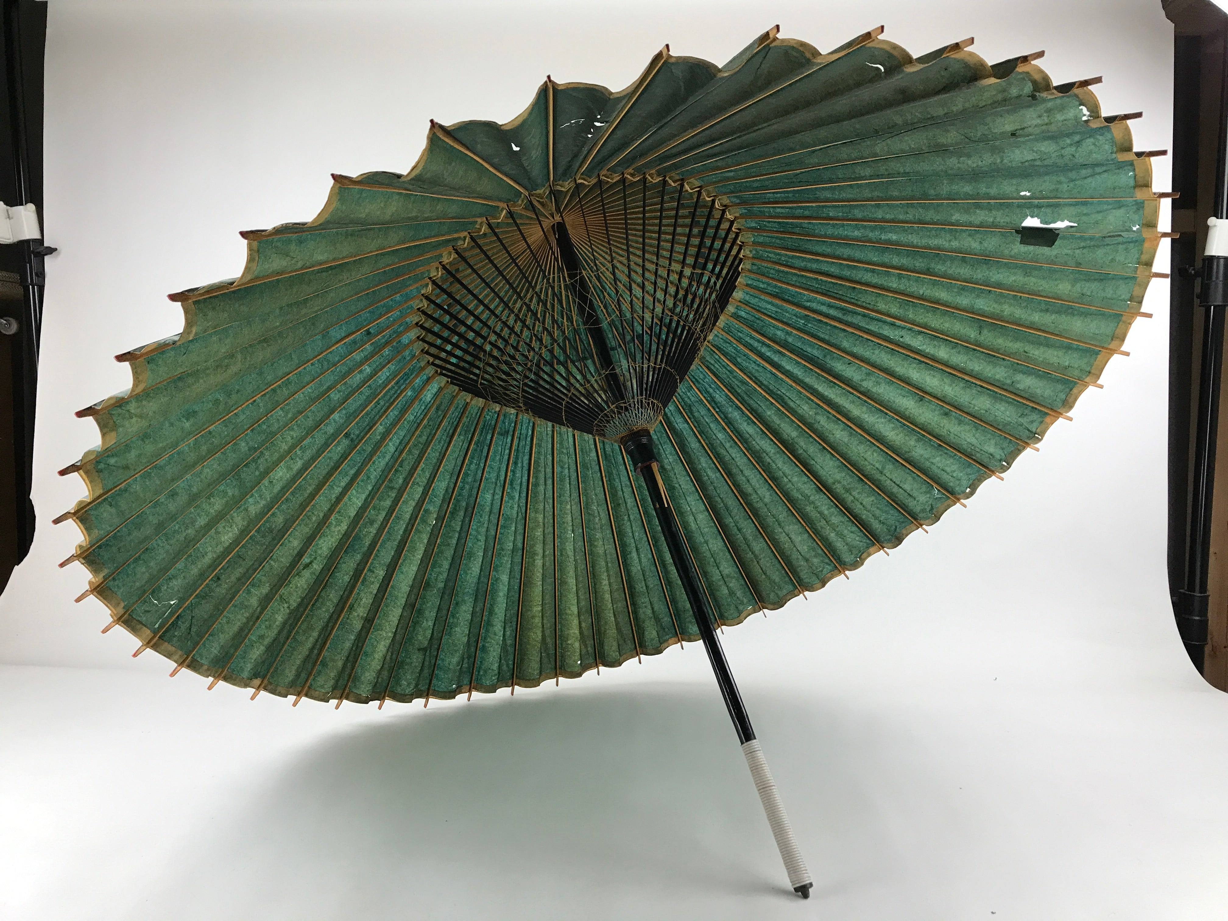 Japanese Umbrella Parasol Wagasa Vtg Paper Bangasa Geisha Dark Green JK627