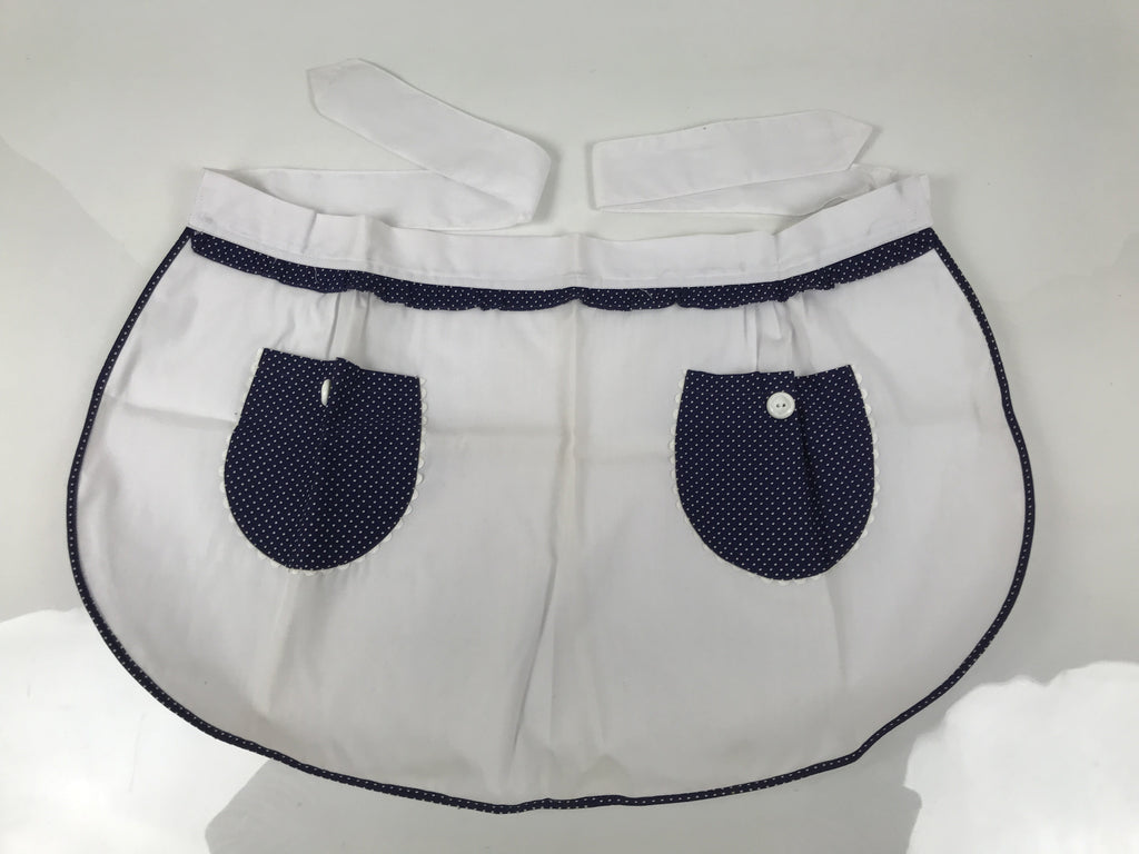 Japanese Vintage-Style Women's Cloth Apron Maekake White Blue Polka Dot MK40
