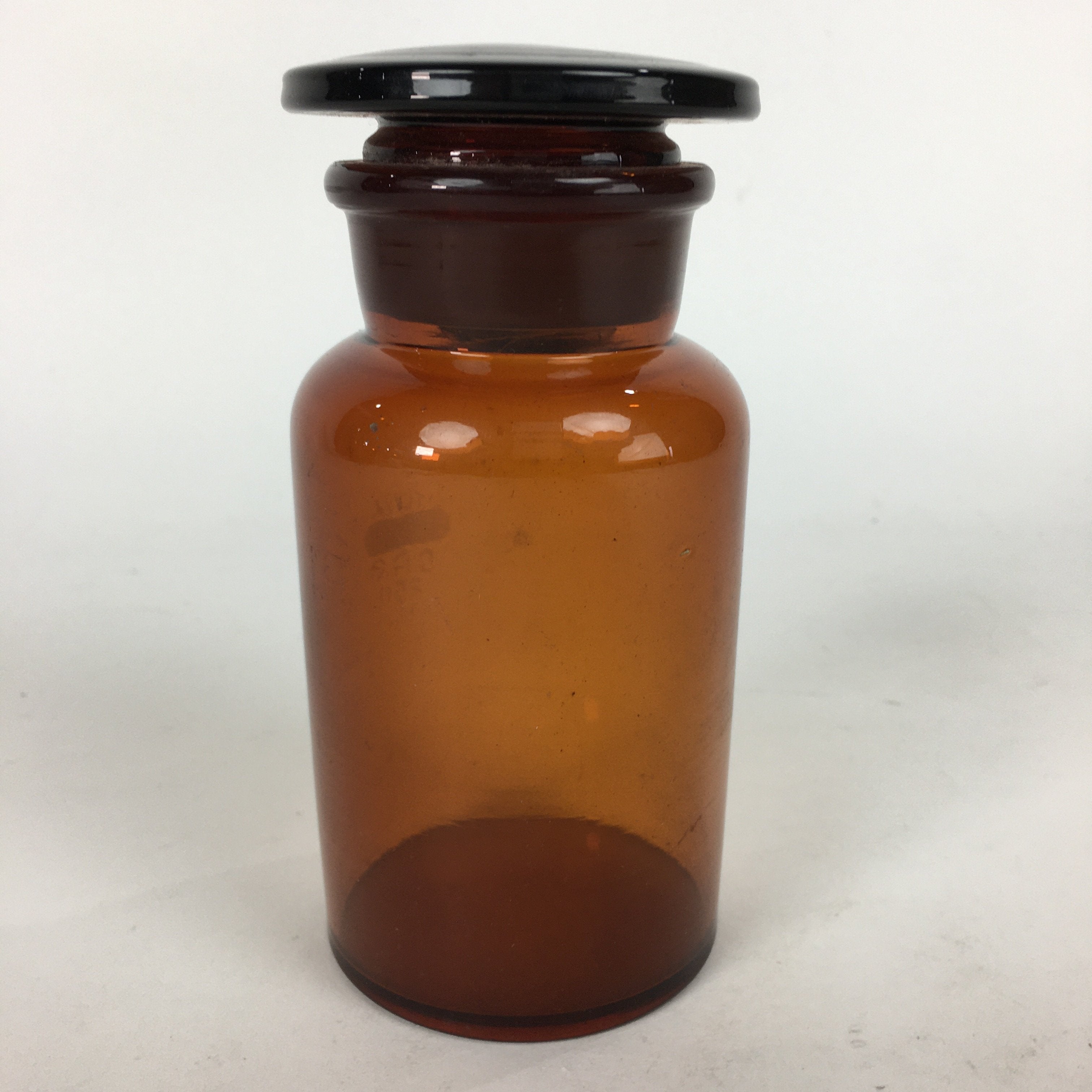 Japanese Vtg Lidded Glass Medicine Bottle Amber Glass Hi-Lex SRG 250 13.5 cm MB1