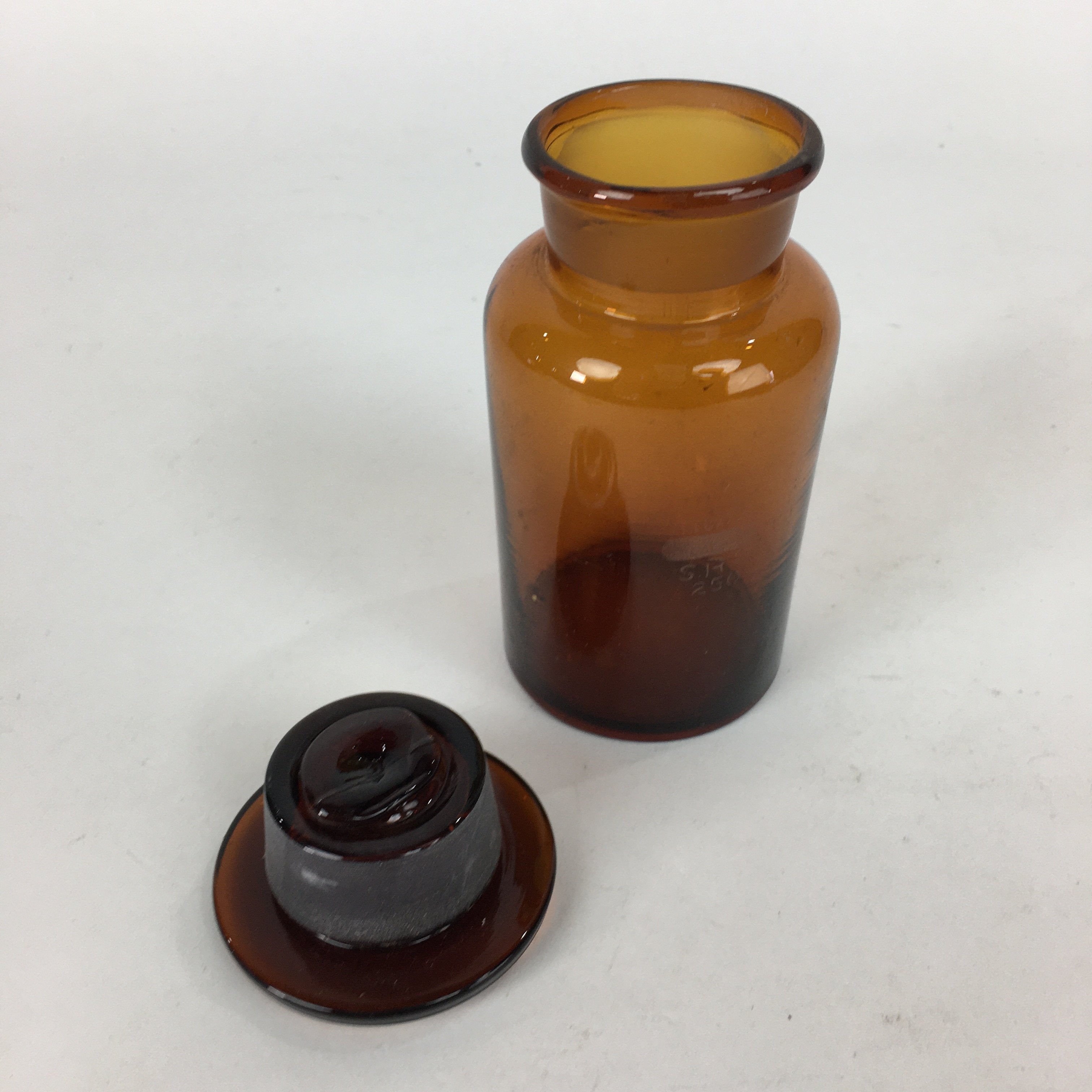 Japanese Vtg Lidded Glass Medicine Bottle Amber Glass Hi-Lex SRG 250 13.5 cm MB8