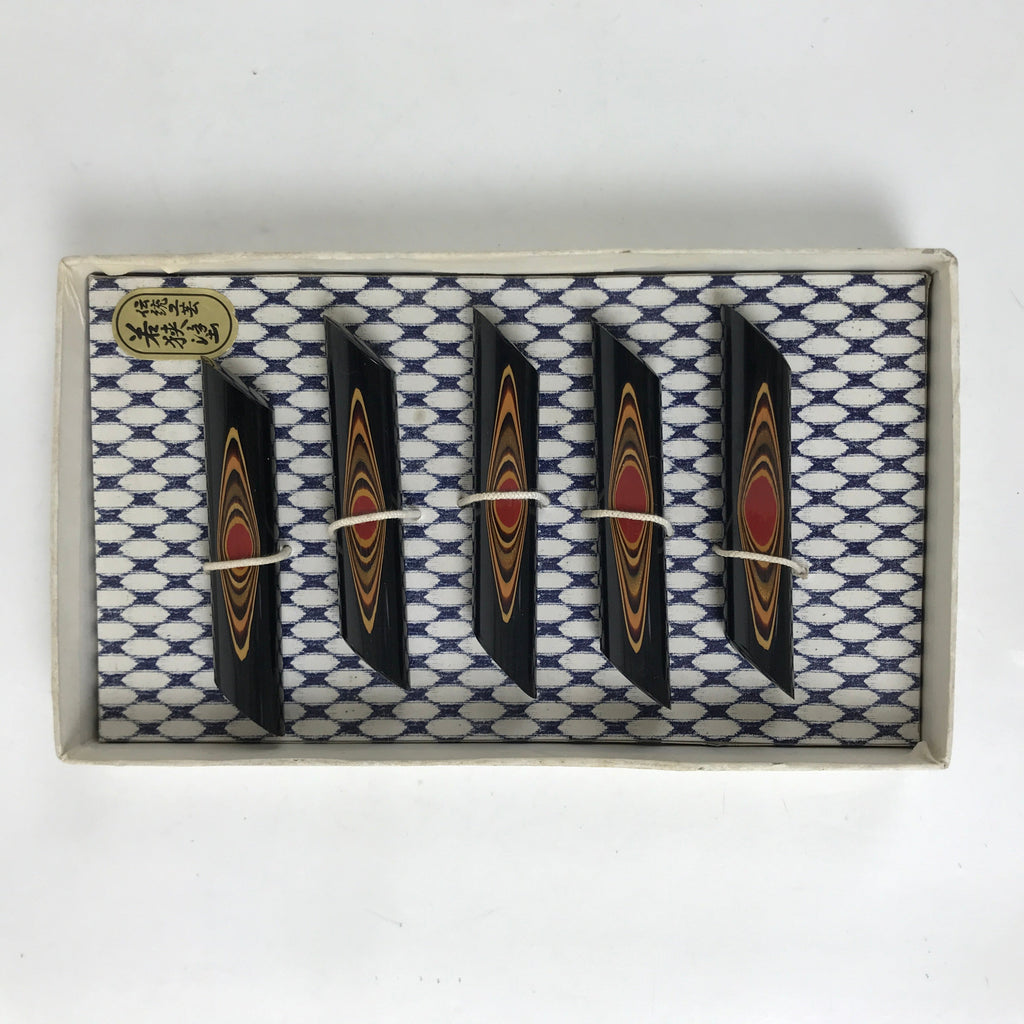 Japanese Wakasa Nuri Lacquered Wooden Chopstick Rest 5 Pcs Vtg Black Red LWB110