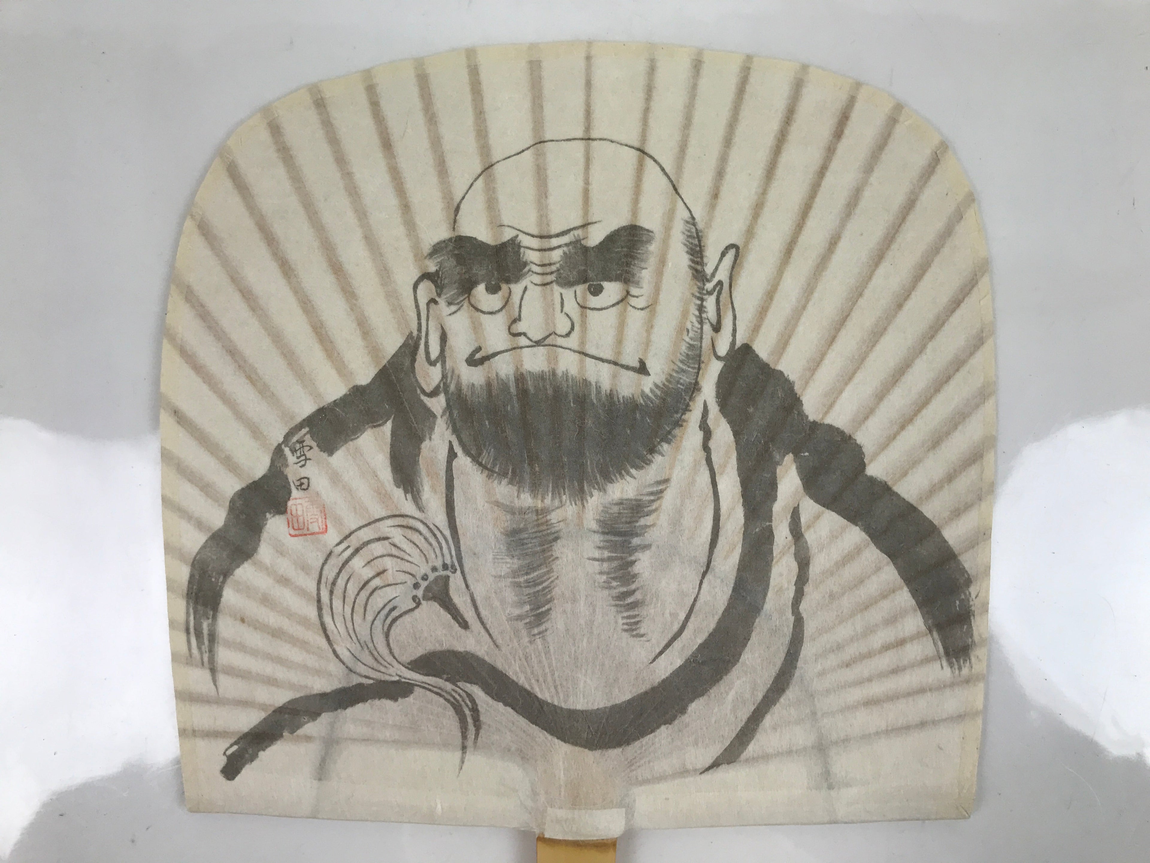 Japanese Washi Paper Fan Sesson Uchiwa Vtg Bamboo Frame Daruma Daishi U130