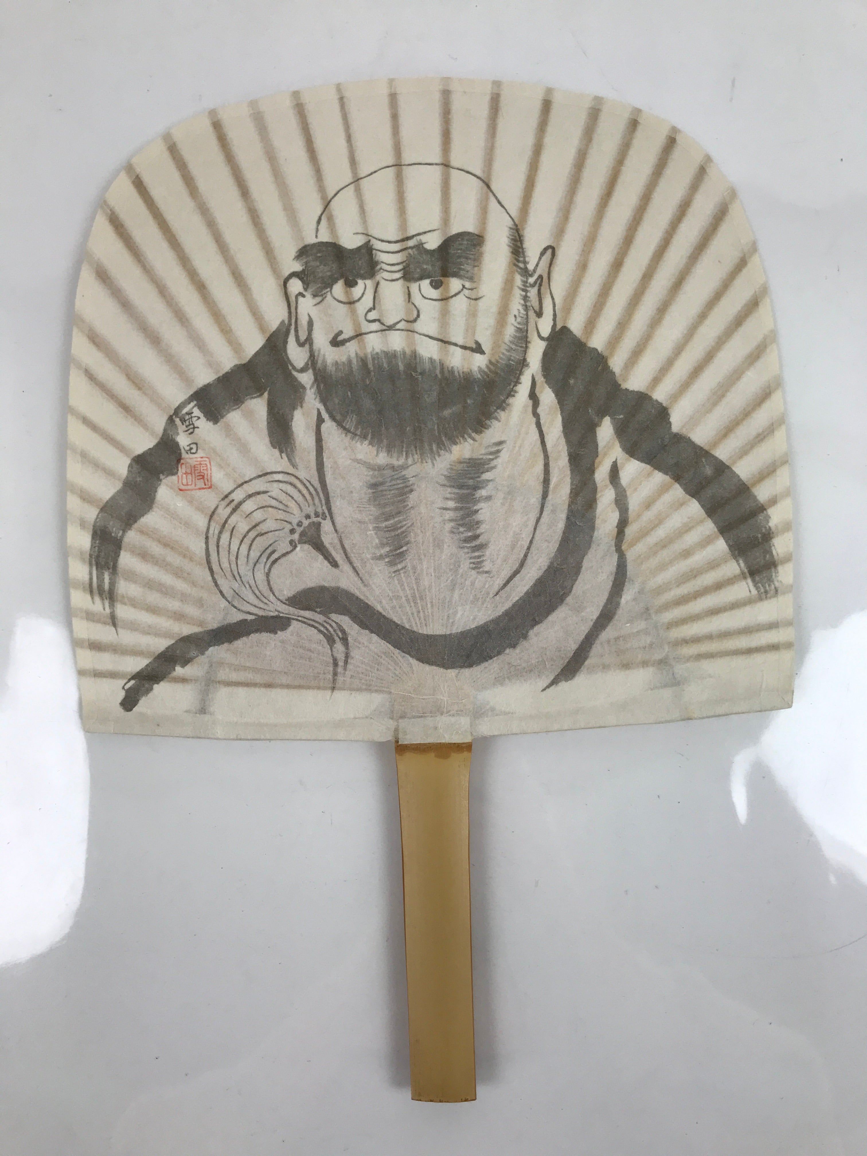 Japanese Washi Paper Fan Sesson Uchiwa Vtg Bamboo Frame Daruma Daishi U131