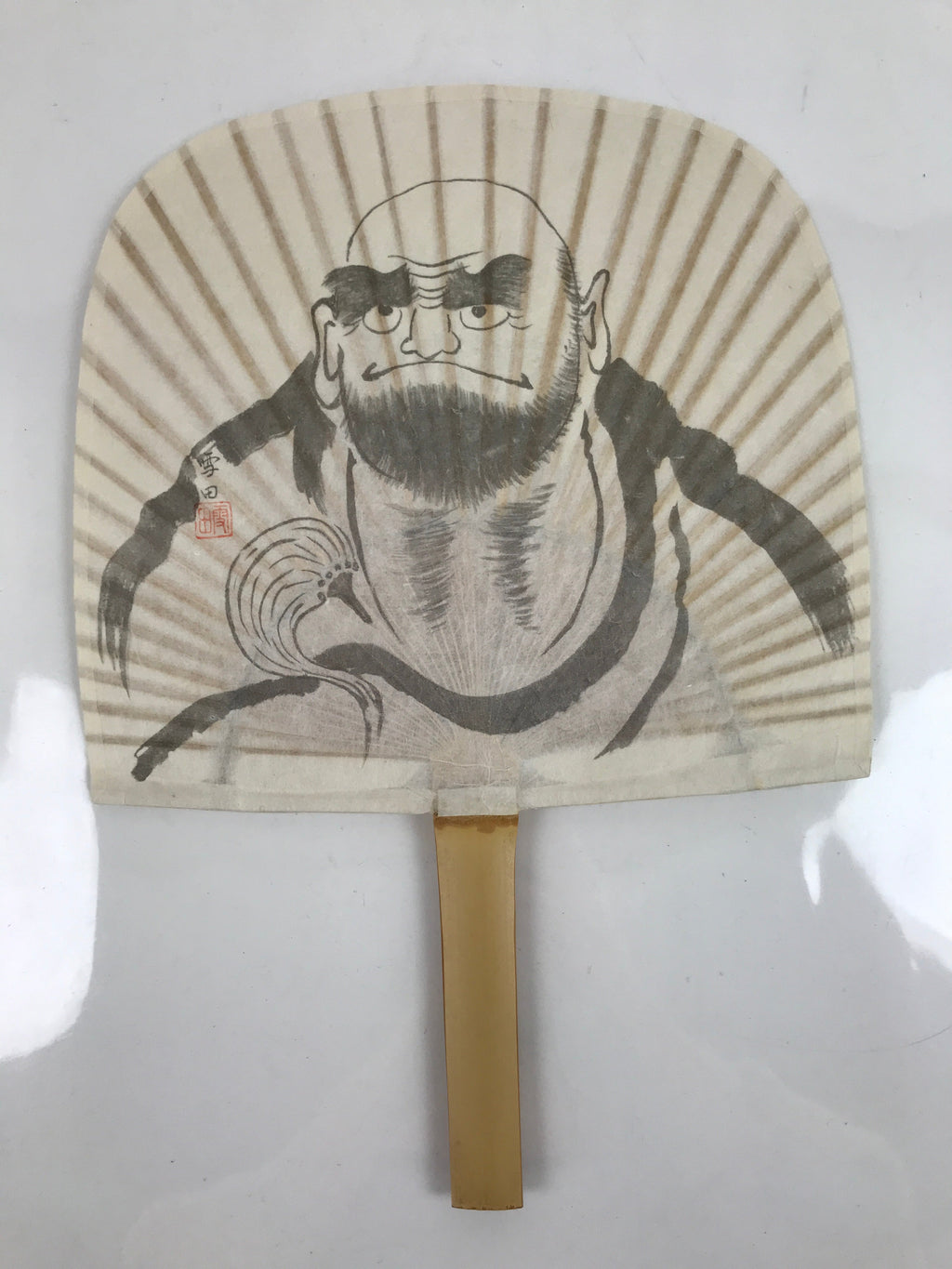 Japanese Washi Paper Fan Sesson Uchiwa Vtg Bamboo Frame Daruma Daishi U131