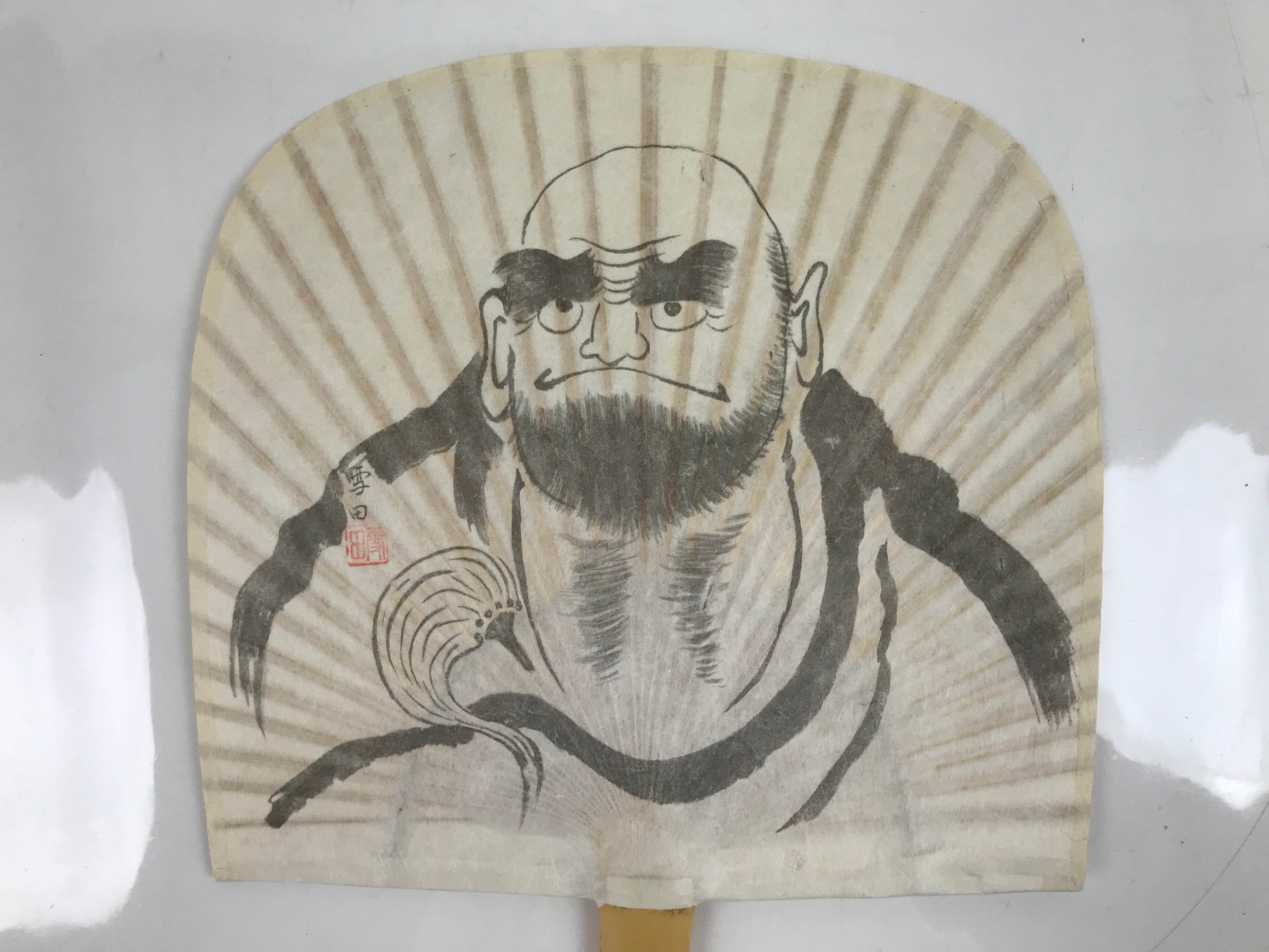 Japanese Washi Paper Fan Sesson Uchiwa Vtg Bamboo Frame Daruma Daishi U133