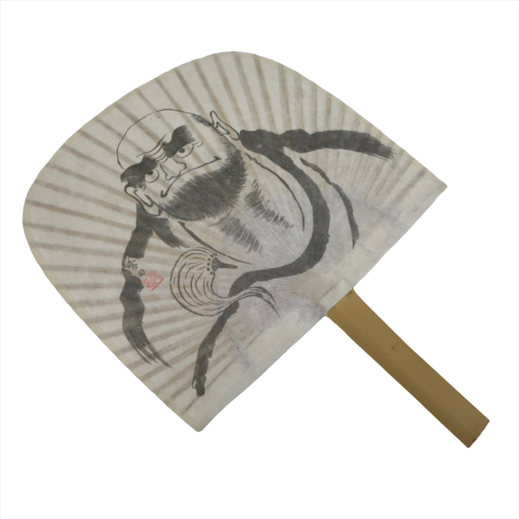 Japanese Washi Paper Fan Sesson Uchiwa Vtg Bamboo Frame Daruma Daishi U133