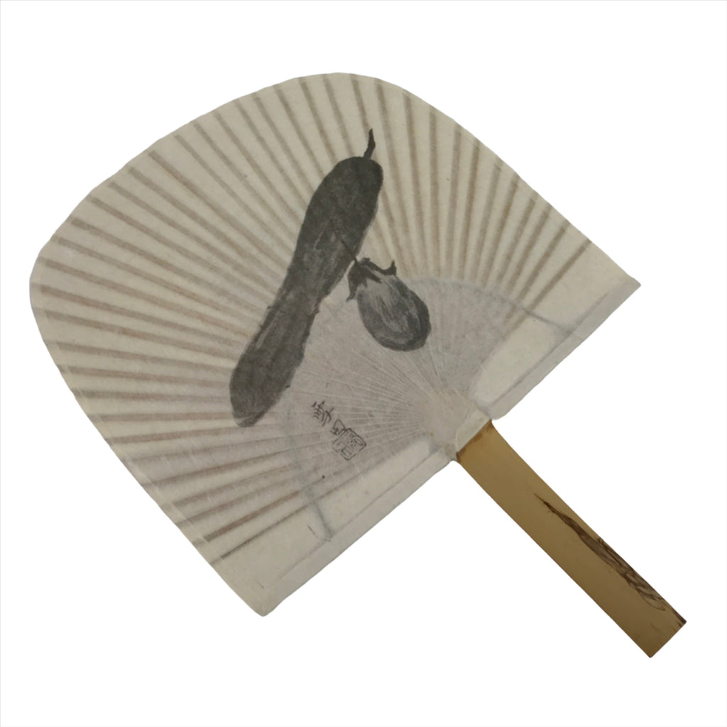 Japanese Washi Paper Fan Sesson Uchiwa Vtg Bamboo Frame Eggplant Nasu U126