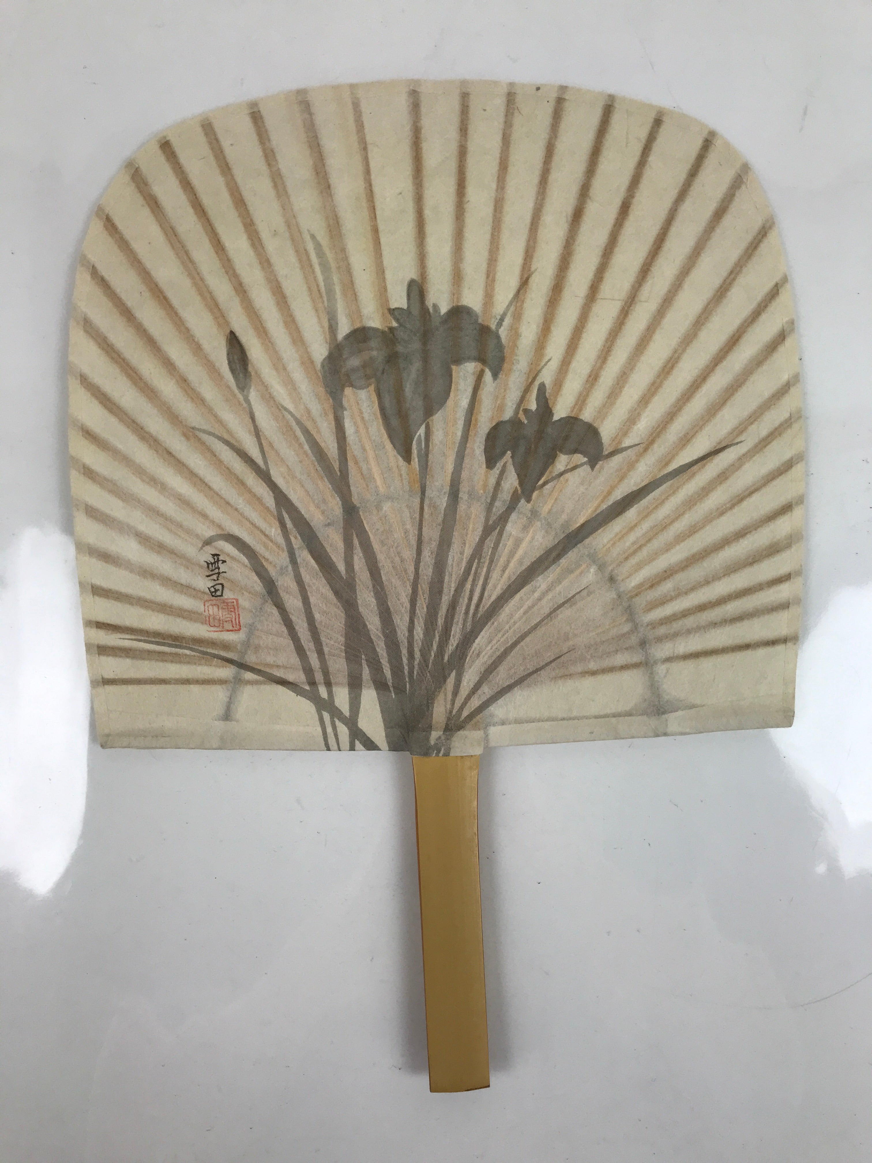 Japanese Washi Paper Fan Sesson Uchiwa Vtg Bamboo Frame Iris Ayame Flowers U122