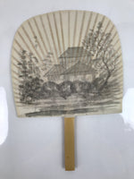 Japanese Washi Paper Fan Sesson Uchiwa Vtg Bamboo Frame Koubuntei Villa U127