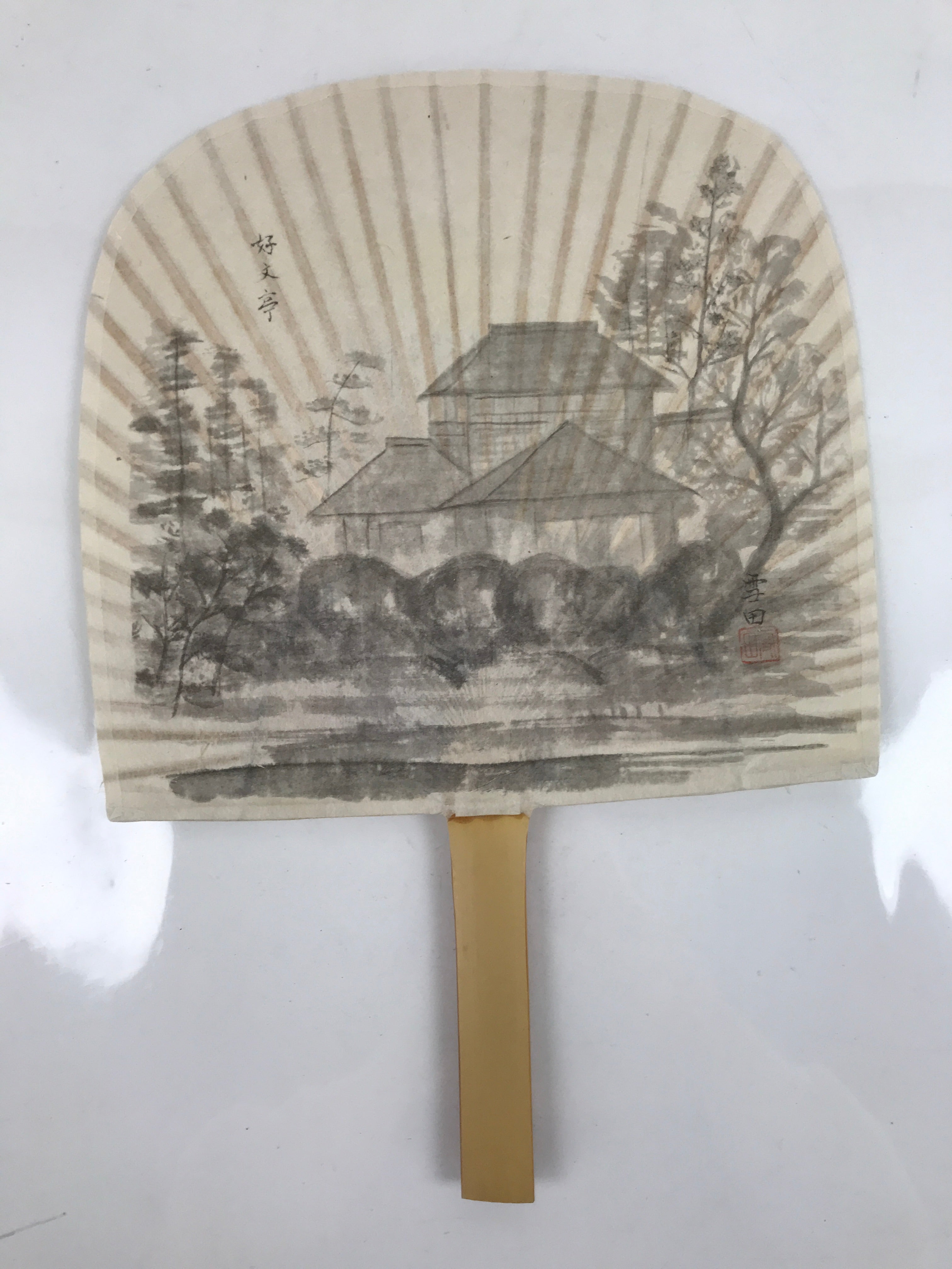 Japanese Washi Paper Fan Sesson Uchiwa Vtg Bamboo Frame Koubuntei Villa U128