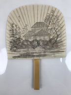 Japanese Washi Paper Fan Sesson Uchiwa Vtg Bamboo Frame Koubuntei Villa U129
