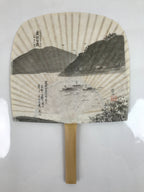 Japanese Washi Paper Fan Sesson Uchiwa Vtg Bamboo Frame Mt Tsukuba Scene U124