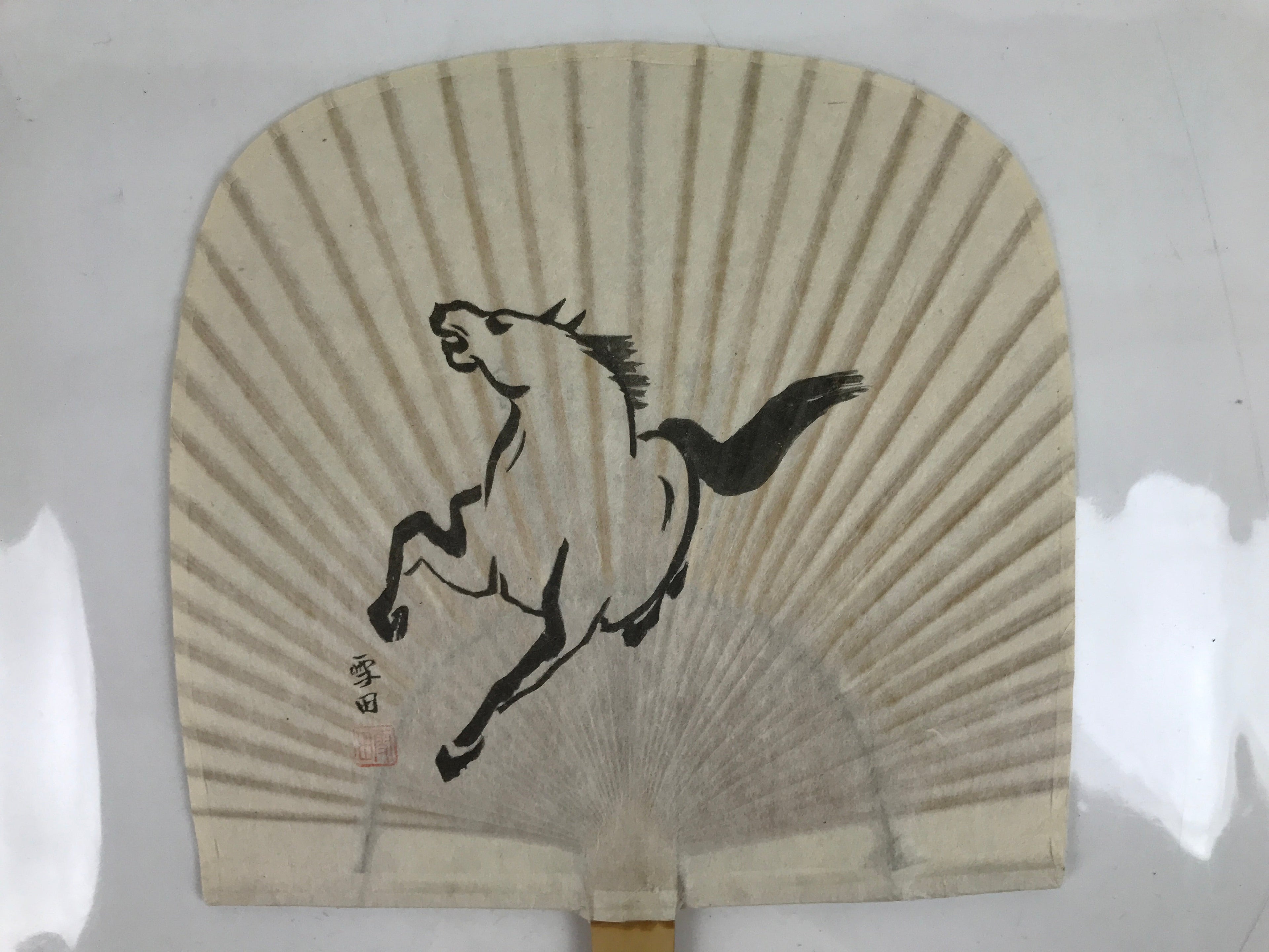 Japanese Washi Paper Fan Sesson Uchiwa Vtg Bamboo Frame Running Horse Uma U125
