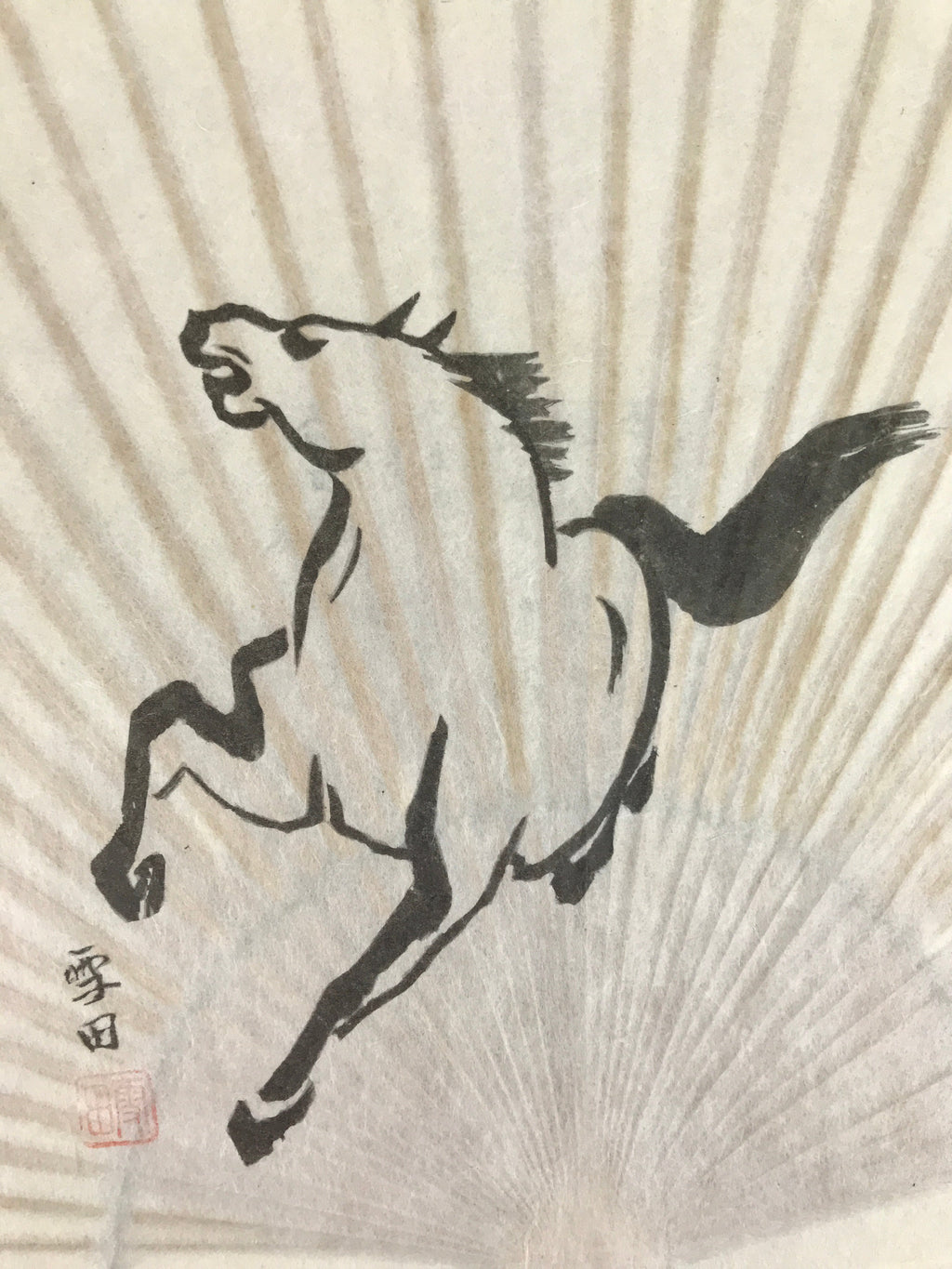 Japanese Washi Paper Fan Sesson Uchiwa Vtg Bamboo Frame Running Horse Uma U125