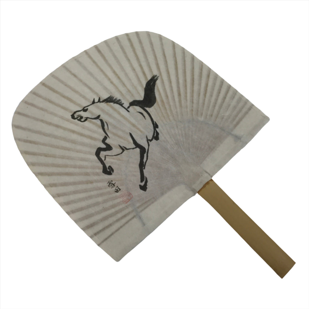 Japanese Washi Paper Fan Sesson Uchiwa Vtg Bamboo Frame Running Horse Uma U125