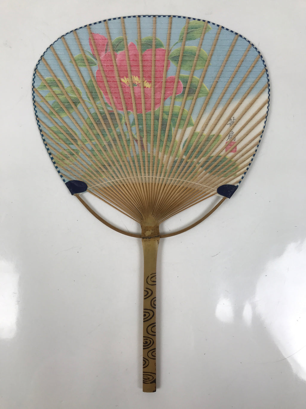 Japanese Washi Paper Fan Uchiwa Bamboo Frame Vtg Camellia Tsubaki Red U189