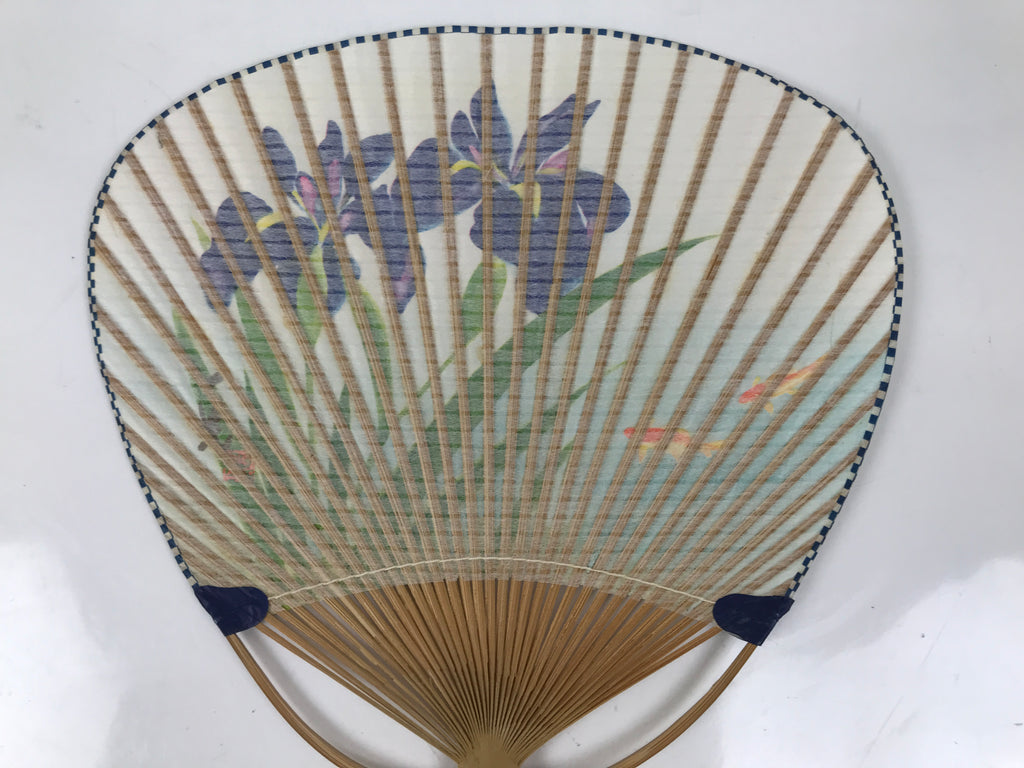 Japanese Washi Paper Fan Uchiwa Bamboo Frame Vtg Hanashobu Iris Goldfish U188