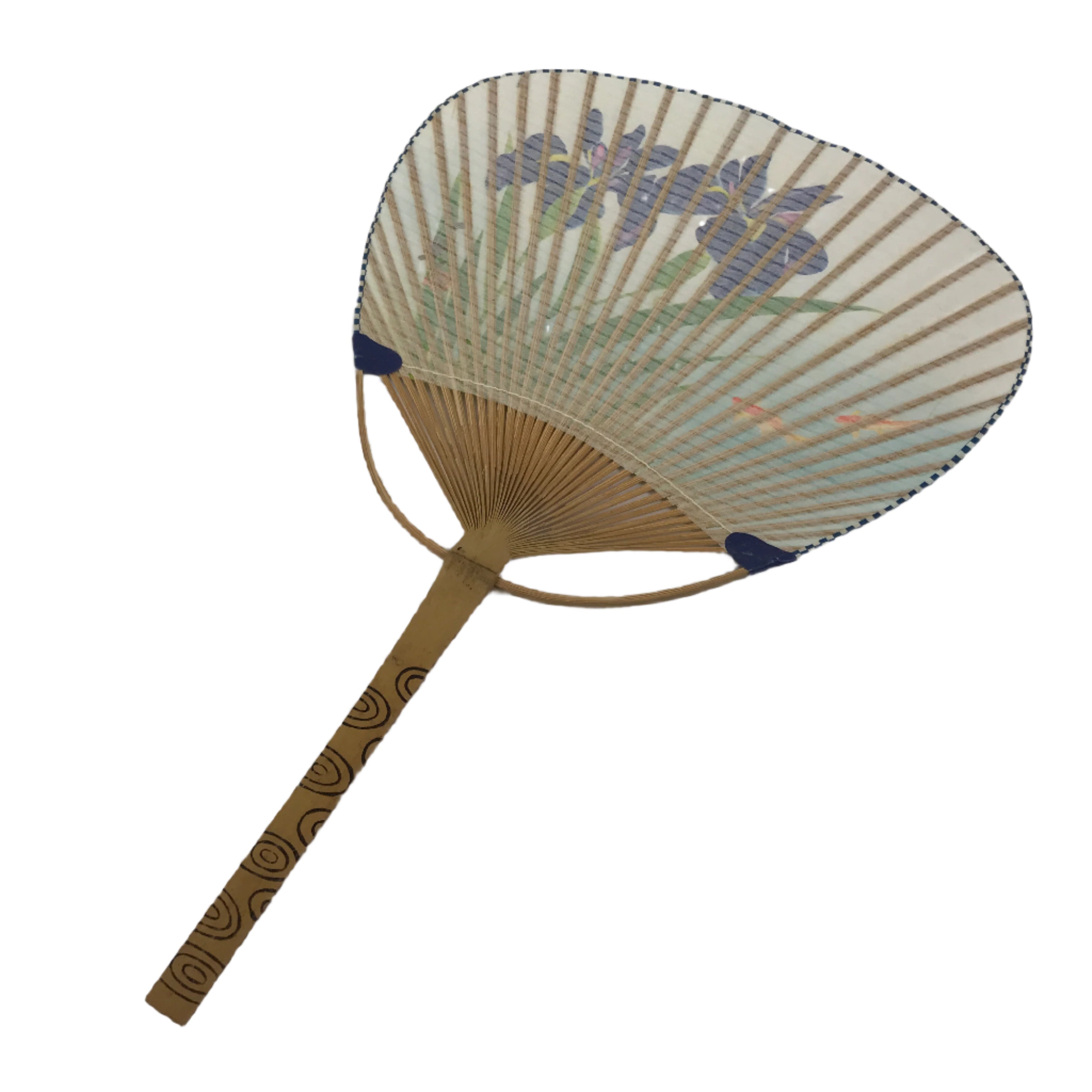 Japanese Washi Paper Fan Uchiwa Bamboo Frame Vtg Hanashobu Iris Goldfish U188