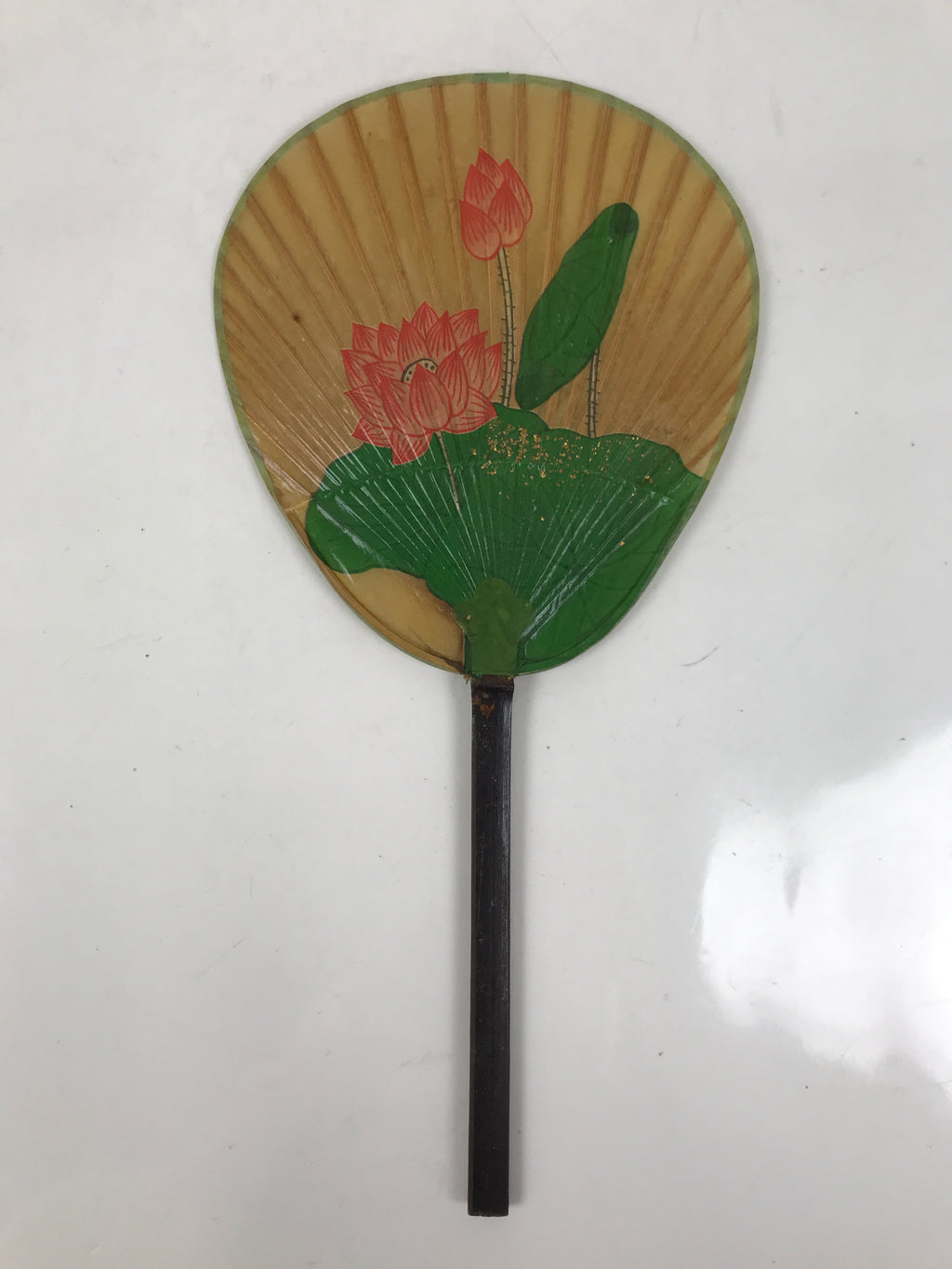 Japanese Washi Paper Fan Uchiwa Bamboo Frame Vtg Lotus Flower Red Green U191