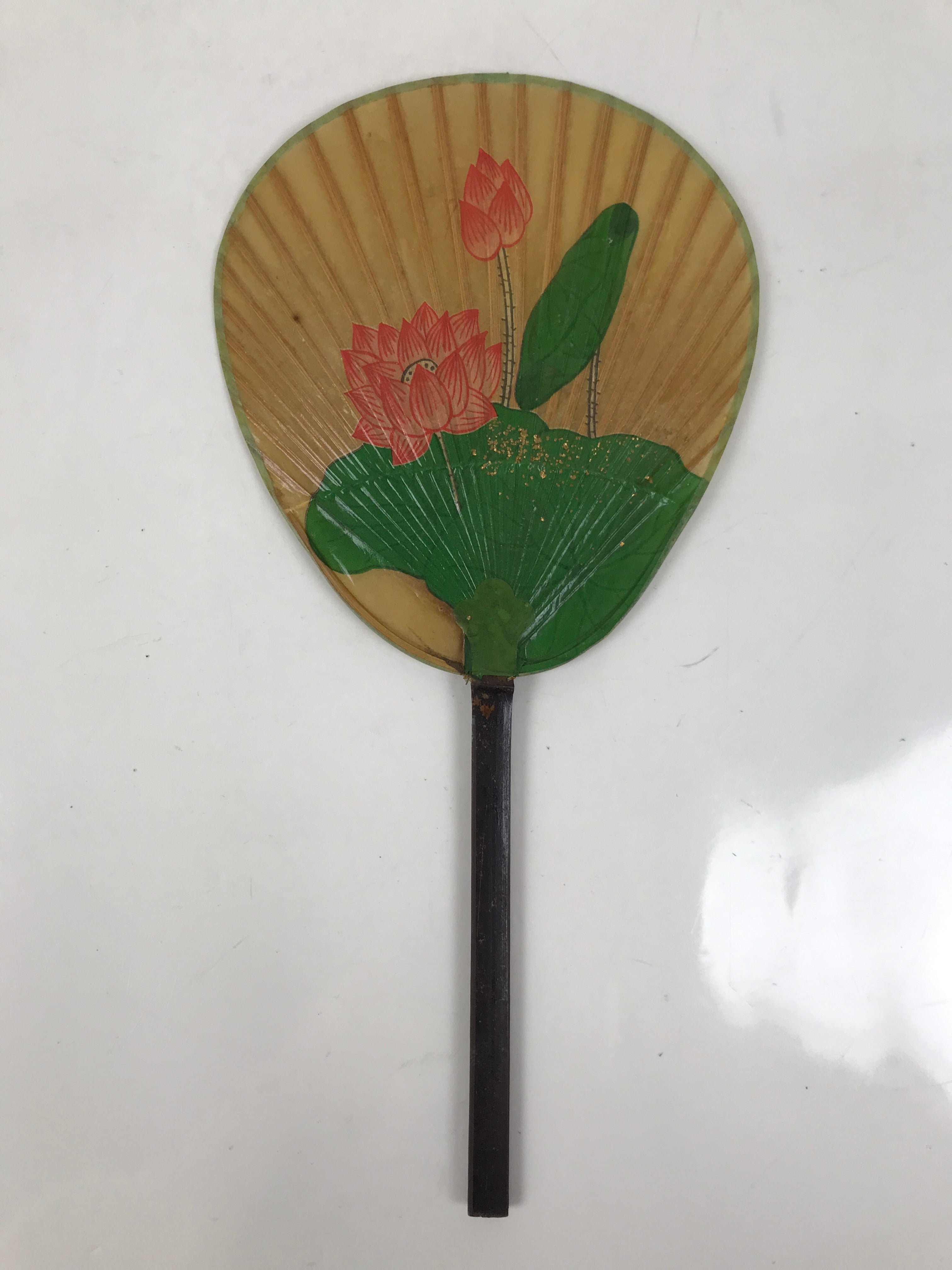 Japanese Washi Paper Fan Uchiwa Bamboo Frame Vtg Lotus Flower Red Green U191