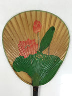 Japanese Washi Paper Fan Uchiwa Bamboo Frame Vtg Lotus Flower Red Green U191