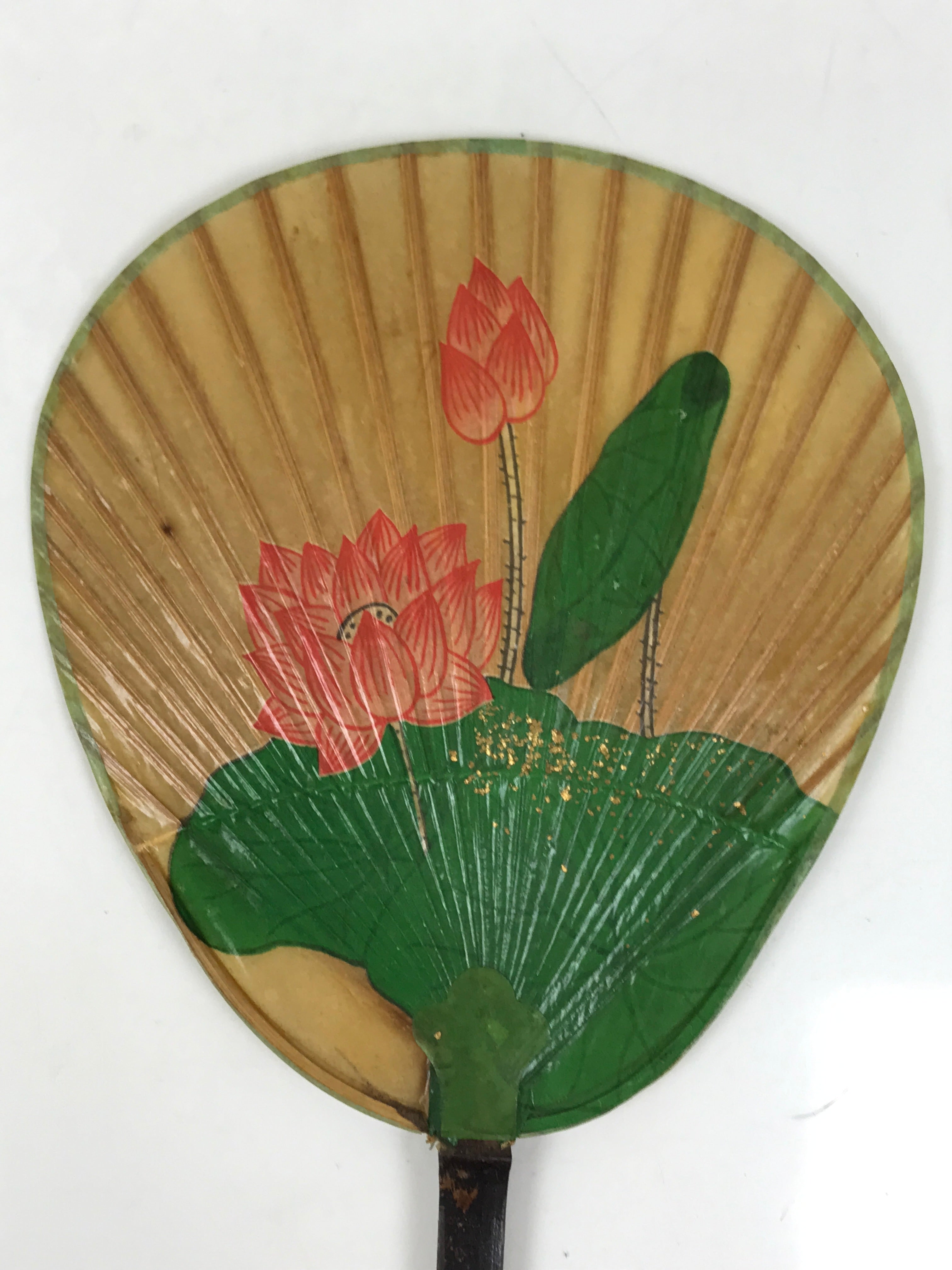 Japanese Washi Paper Fan Uchiwa Bamboo Frame Vtg Lotus Flower Red Green U191