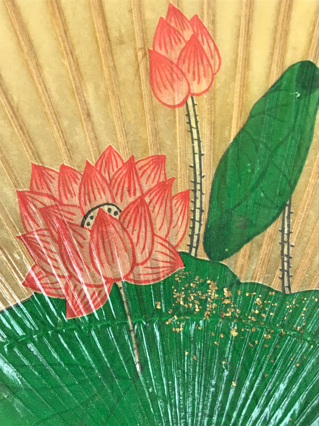 Japanese Washi Paper Fan Uchiwa Bamboo Frame Vtg Lotus Flower Red Green U191
