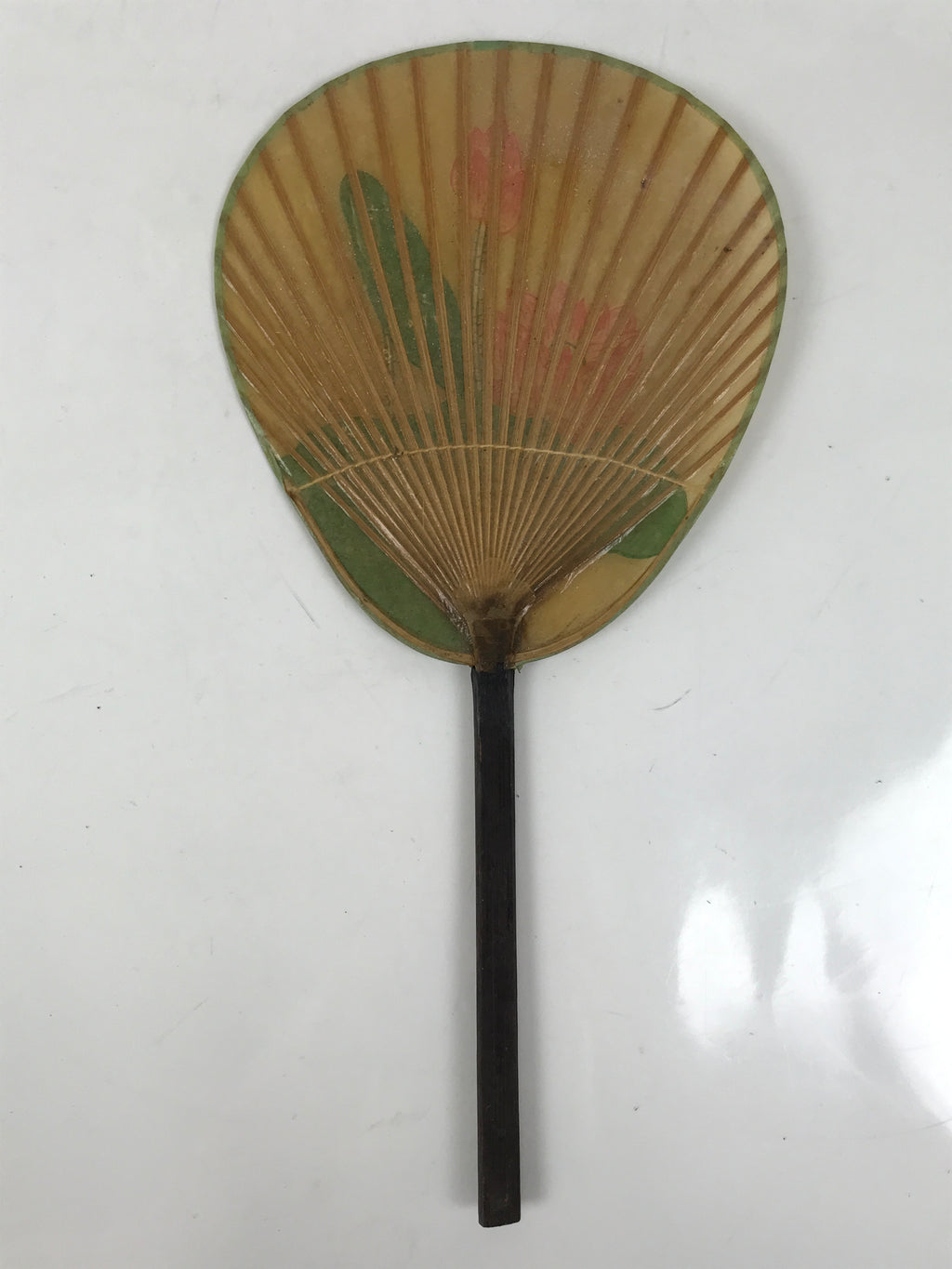 Japanese Washi Paper Fan Uchiwa Bamboo Frame Vtg Lotus Flower Red Green U191