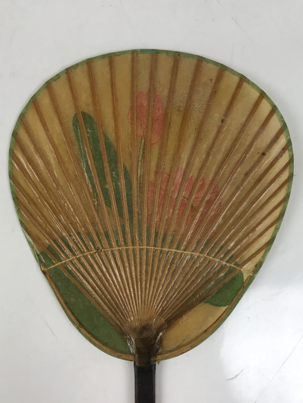 Japanese Washi Paper Fan Uchiwa Bamboo Frame Vtg Lotus Flower Red Green U191