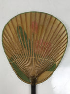 Japanese Washi Paper Fan Uchiwa Bamboo Frame Vtg Lotus Flower Red Green U191