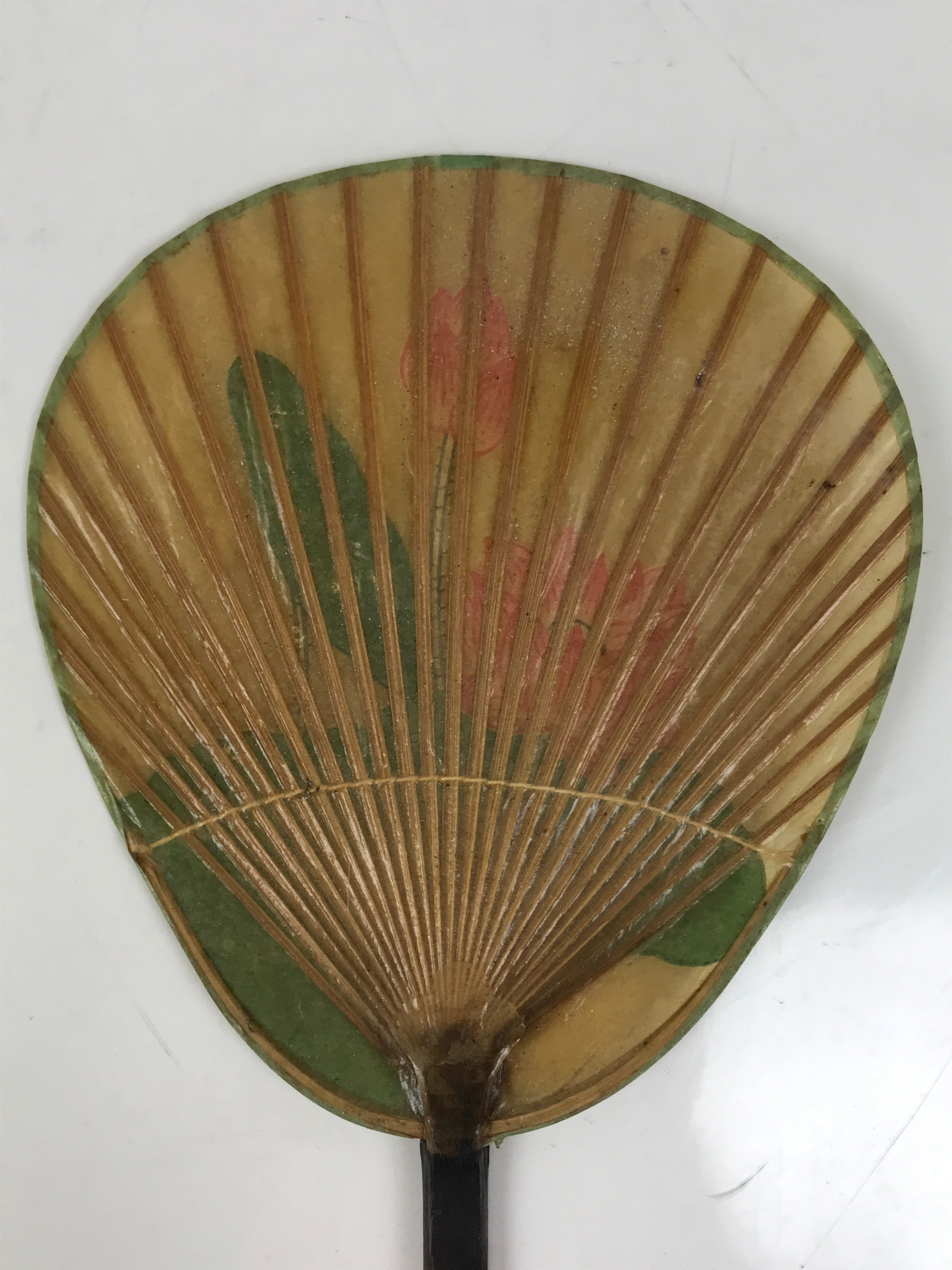 Japanese Washi Paper Fan Uchiwa Bamboo Frame Vtg Lotus Flower Red Green U191