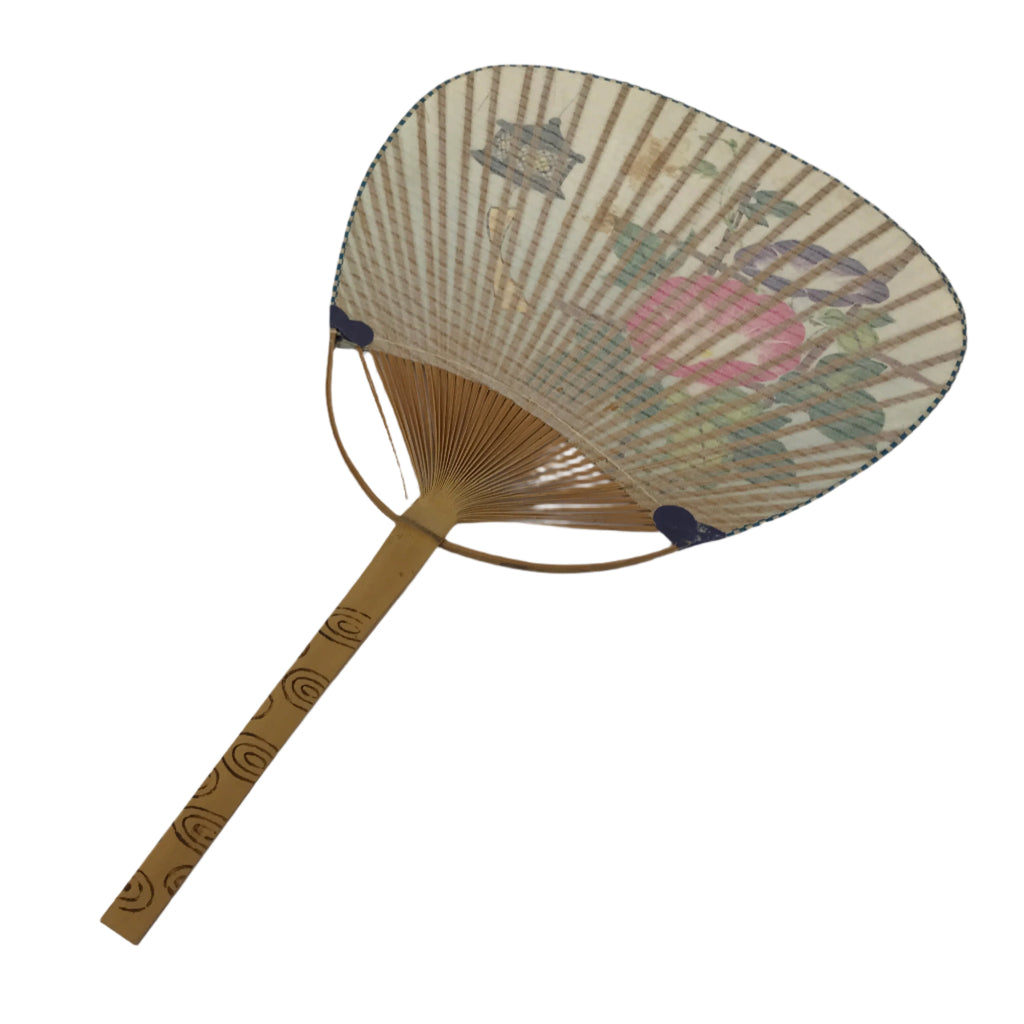 Japanese Washi Paper Fan Uchiwa Bamboo Frame Vtg Morning Glory Furin Summer U190