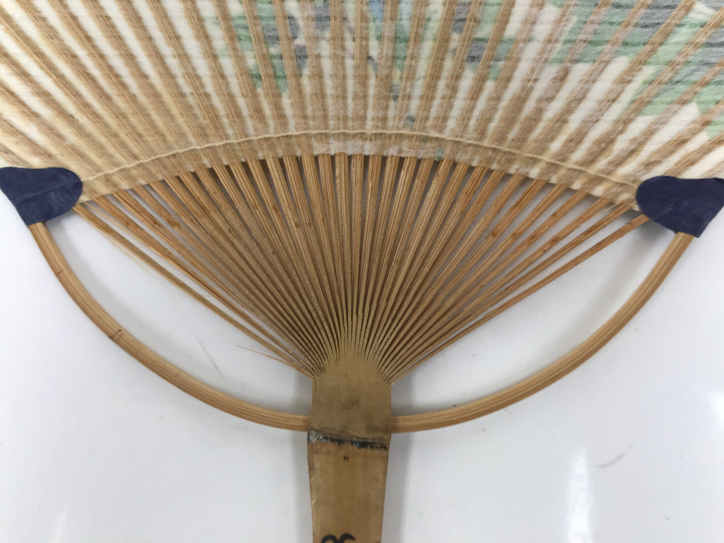 Japanese Washi Paper Fan Uchiwa Bamboo Frame Vtg Red Blue Flowers Karakusa U187