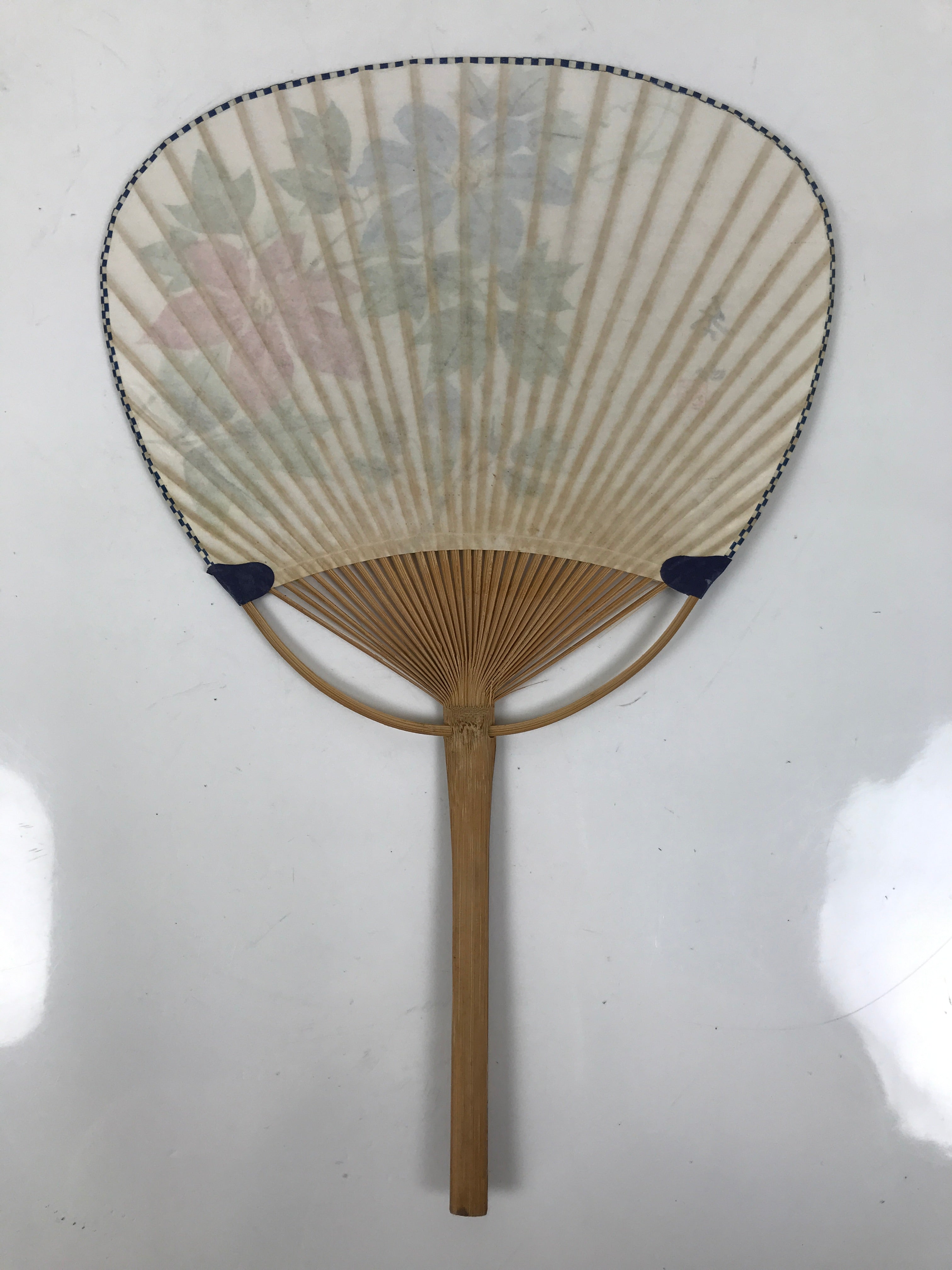 Japanese Washi Paper Fan Uchiwa Bamboo Frame Vtg Red Blue Flowers Karakusa U187