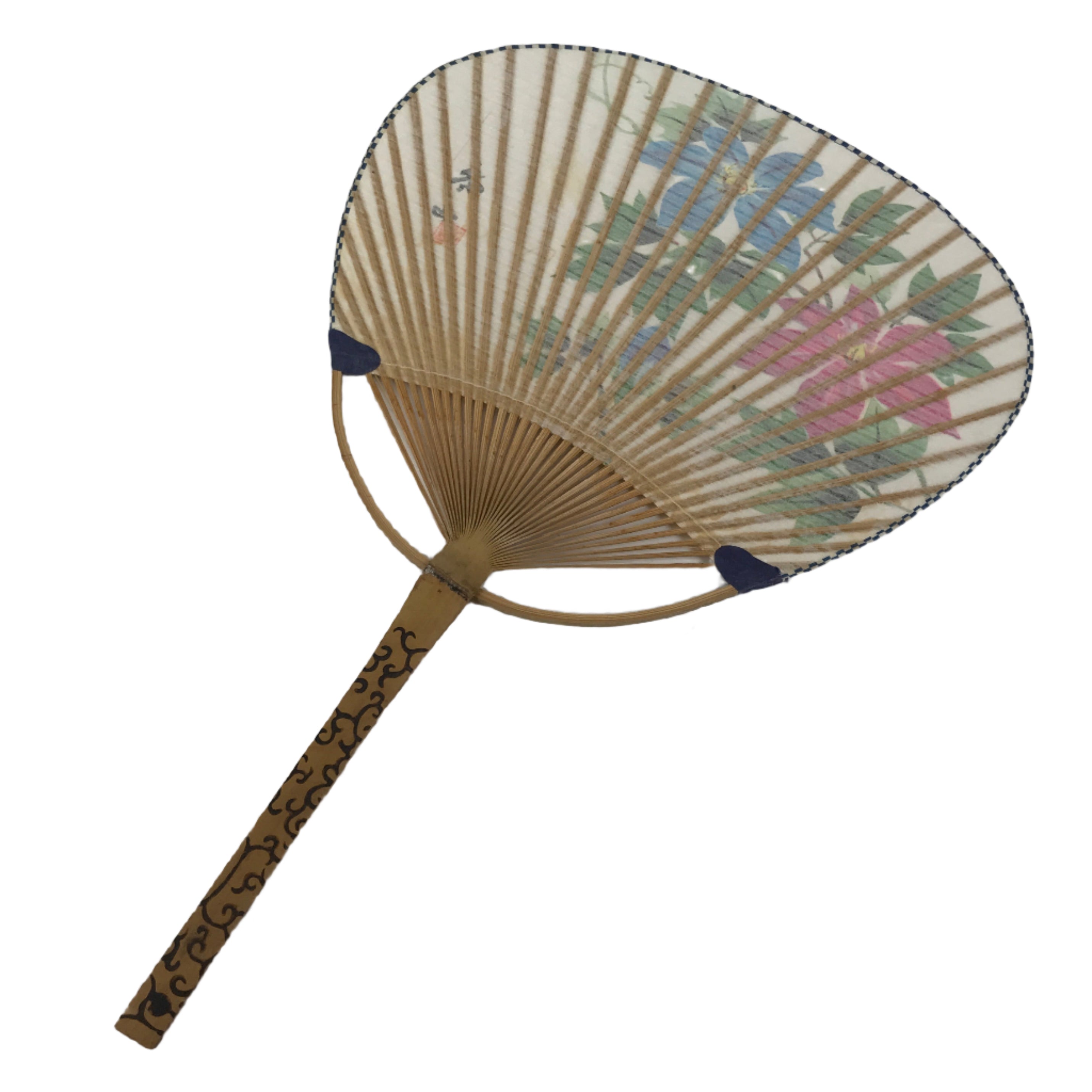 Japanese Washi Paper Fan Uchiwa Bamboo Frame Vtg Red Blue Flowers Karakusa U187