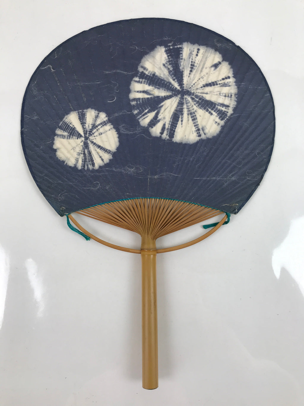 Japanese Washi Paper Fan Uchiwa Vtg Bamboo Round Traditional Floral Blue U168