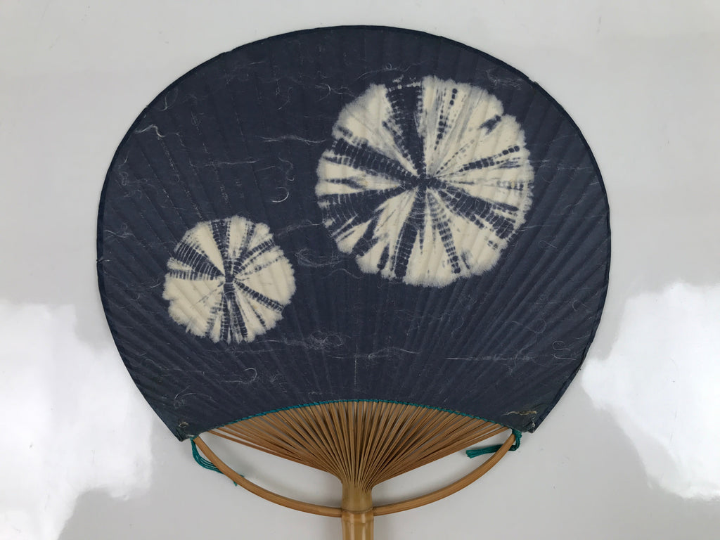 Japanese Washi Paper Fan Uchiwa Vtg Bamboo Round Traditional Floral Blue U168