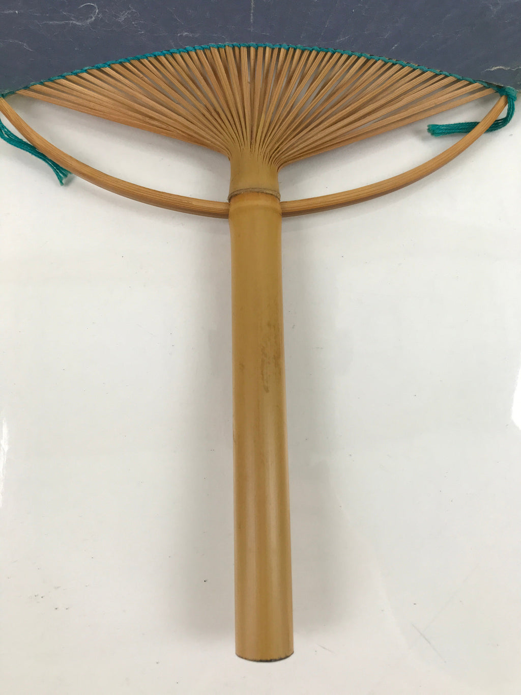 Japanese Washi Paper Fan Uchiwa Vtg Bamboo Round Traditional Floral Blue U168