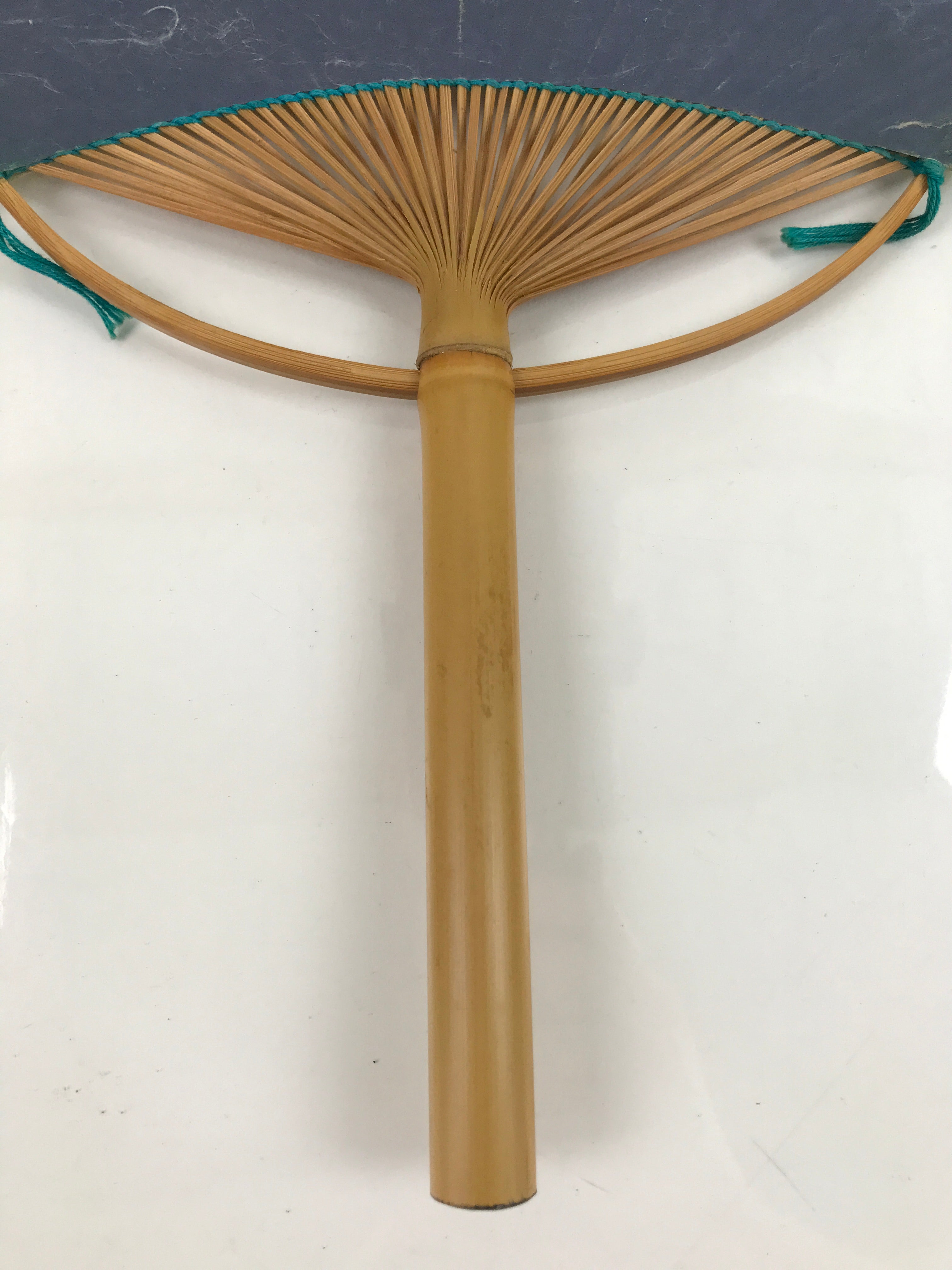 Japanese Washi Paper Fan Uchiwa Vtg Bamboo Round Traditional Floral Blue U168