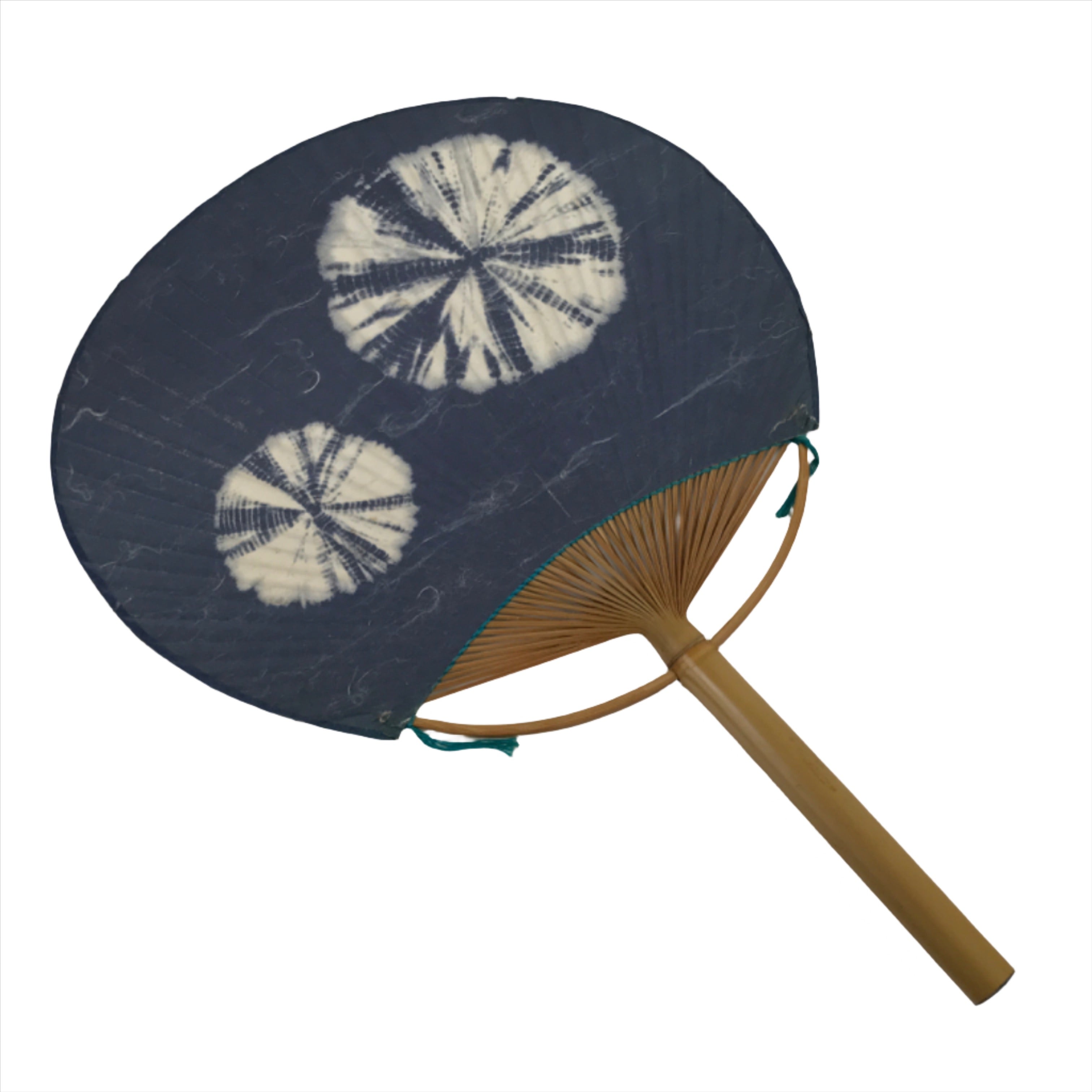 Japanese Washi Paper Fan Uchiwa Vtg Bamboo Round Traditional Floral Blue U168