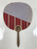 Japanese Washi Paper Fan Uchiwa Vtg Wooden Handle Fabric Purple Red Stripe U164